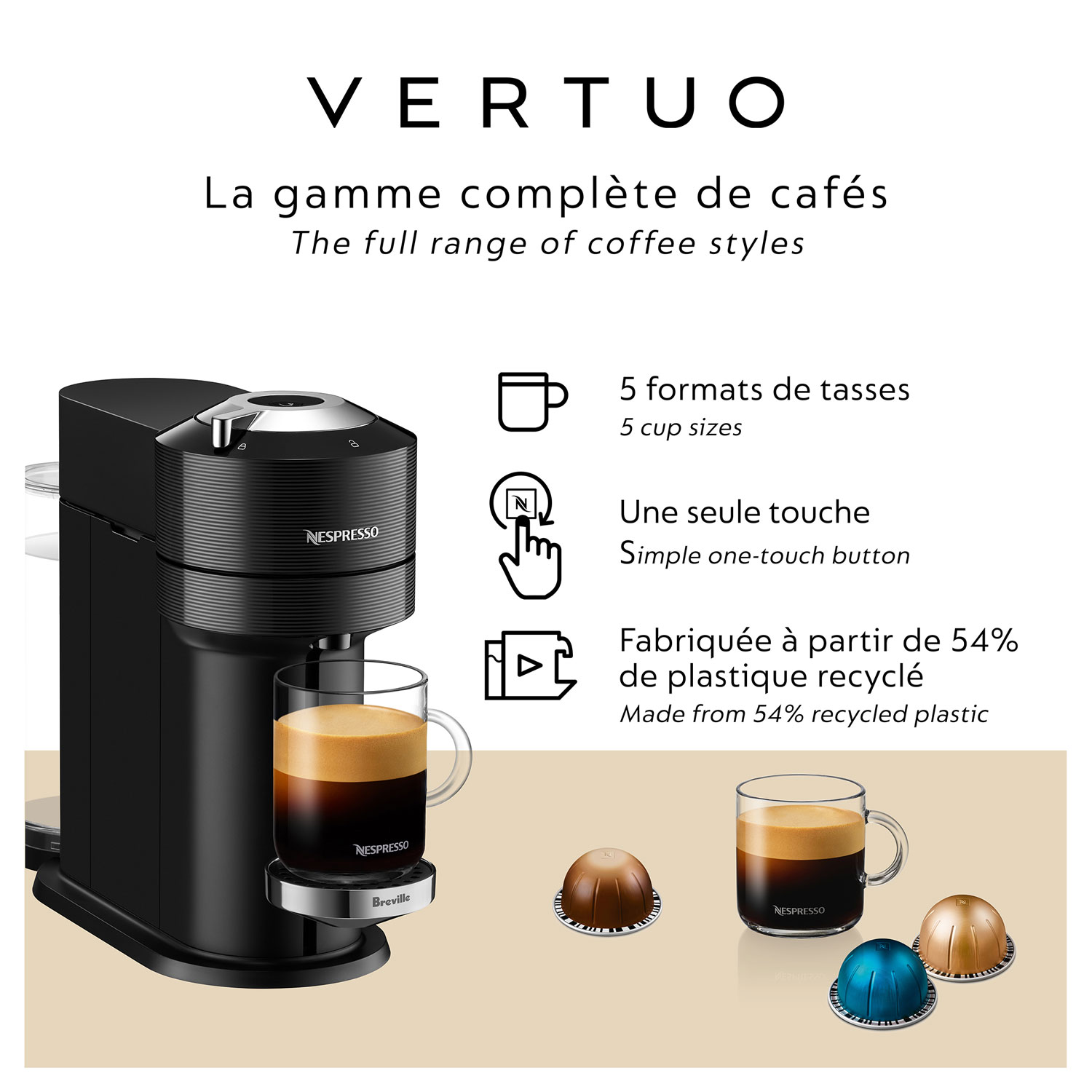 Machine à café/espresso Nespresso Vertuo Next Premium par Breville avec Aeroccino - Noir classique