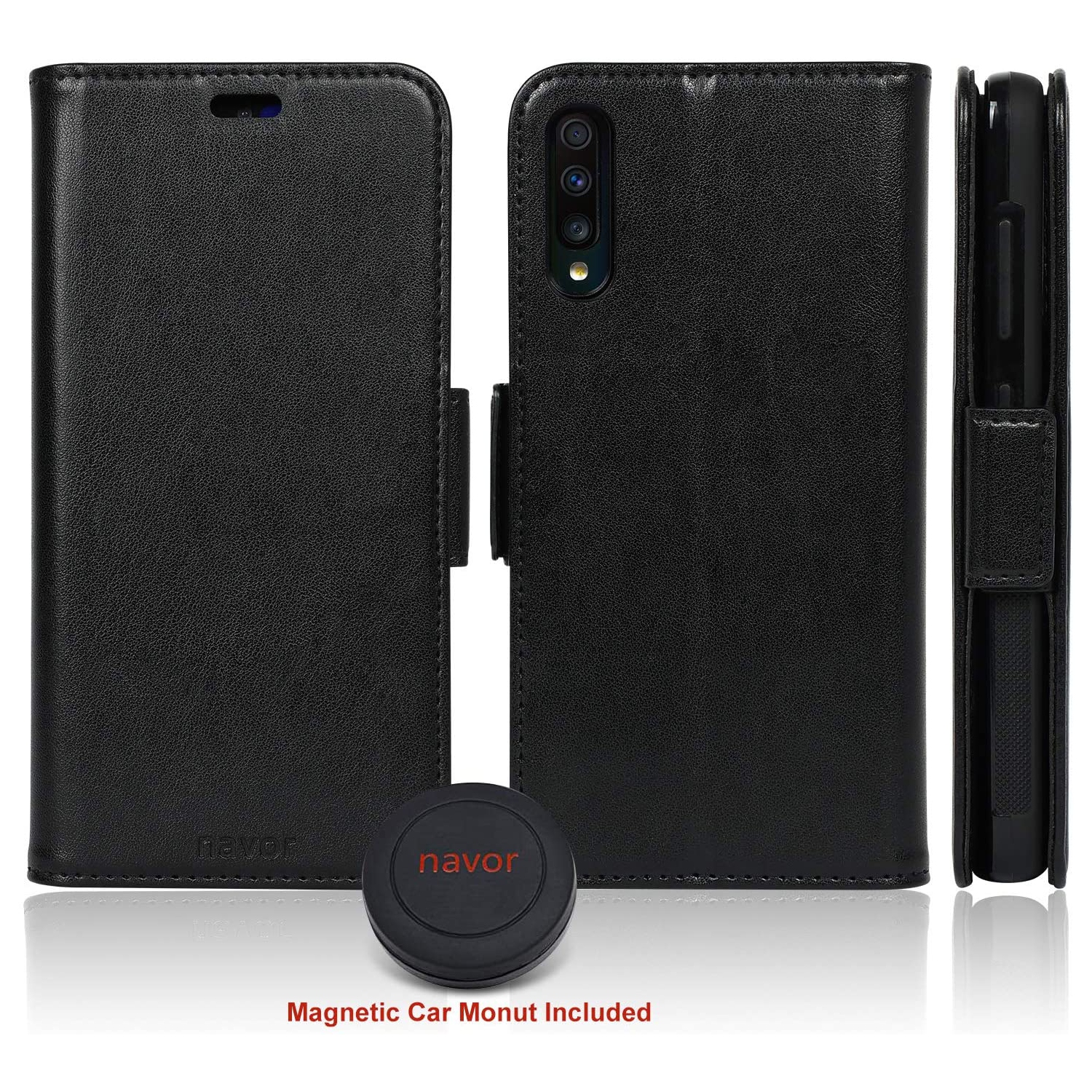 Navor Universal Car Mount & Detachable Magnetic Wallet Case with RFID Protection Compatible w/Samsung Galaxy A70 [Vajio]