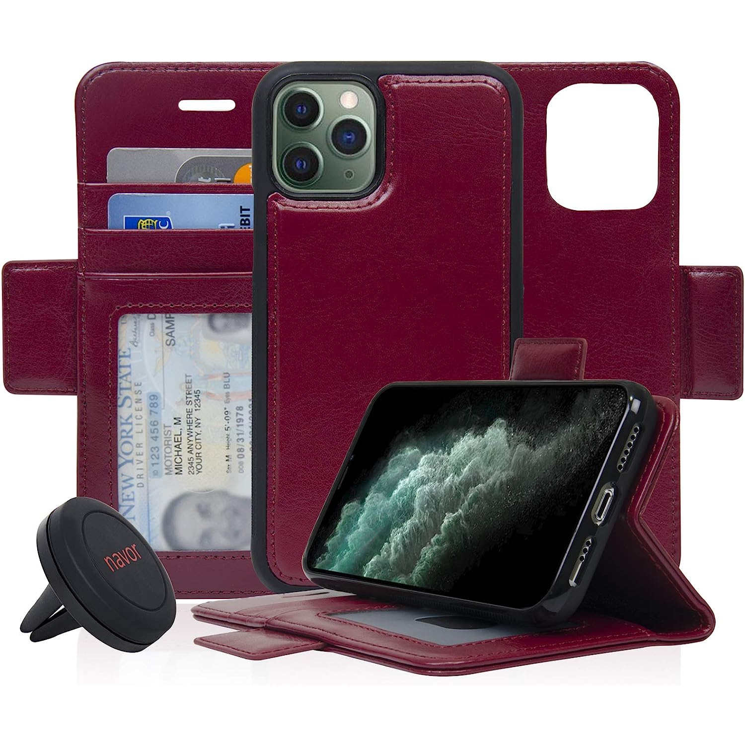 Navor Universal car Mount & Detachable Magnetic Wallet Case with RFID Protection Compatible for iPhone 11 Pro [5.8 inch] [Vajio Series] - Maroon