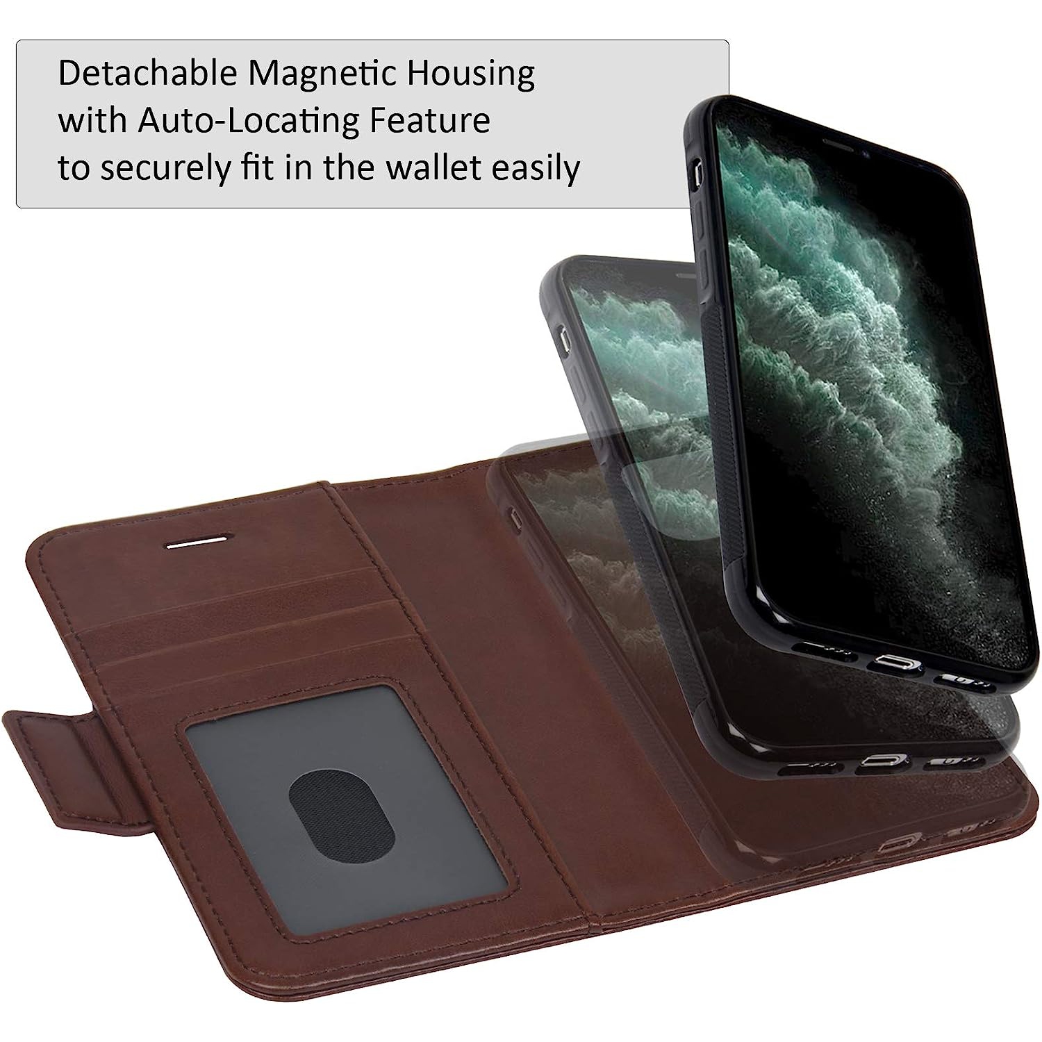 Navor Detachable Magnetic Wallet Case with RFID Protection Compatible for iPhone 11 Pro [5.8 inch] [Vajio Series] - Dark Brown