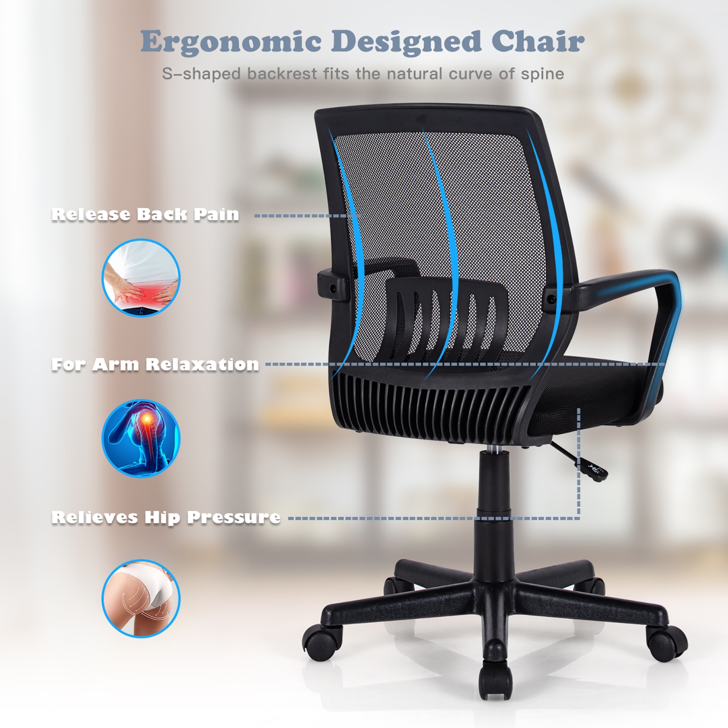 Costway Mid-Back Mesh Chair Height Adjustable Executive Chair w/ Lumbar Support