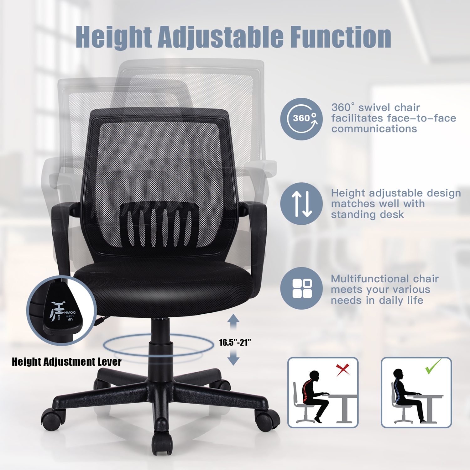 Costway Mid-Back Mesh Chair Height Adjustable Executive Chair w/ Lumbar Support