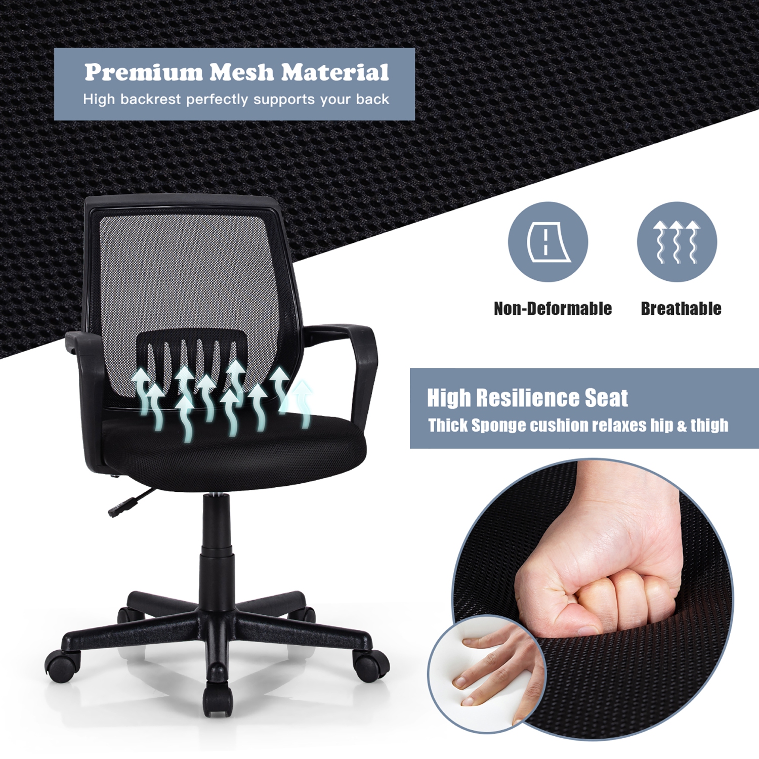 Costway Mid-Back Mesh Chair Height Adjustable Executive Chair w/ Lumbar Support
