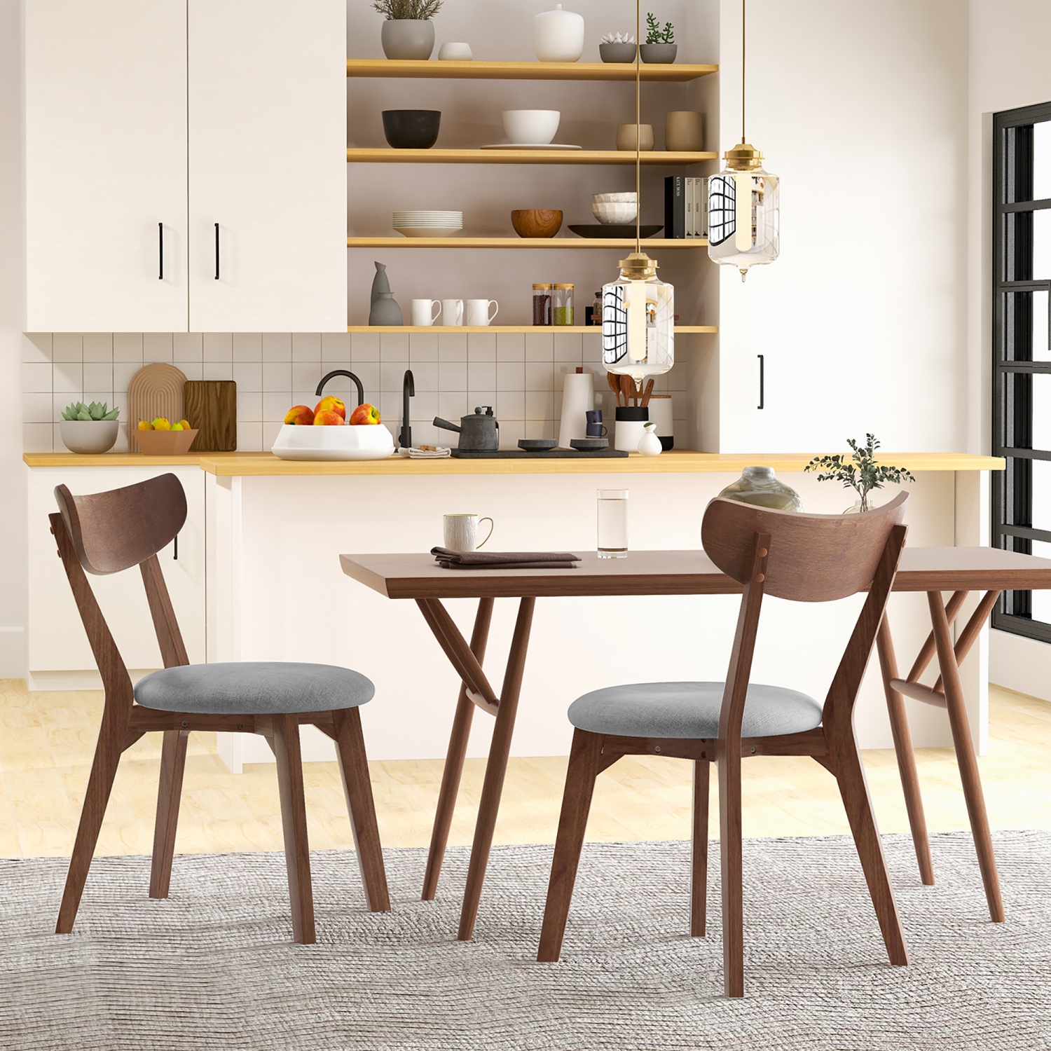 Costway Set of 2 Dining Chair Upholstered Curved Back Side Chair with Solid Wooden Legs