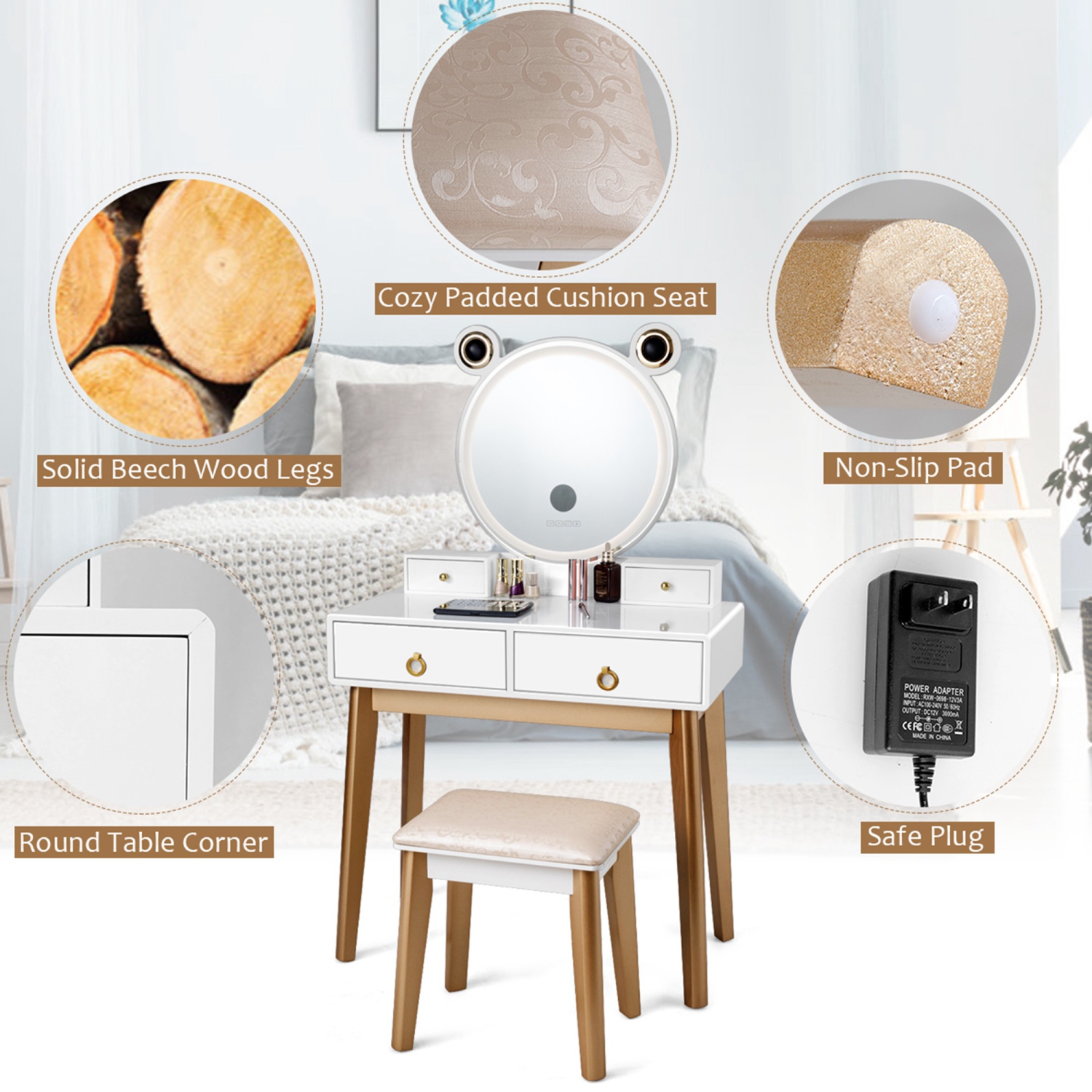 Ensemble de table de pansement de vanité avec miroir de gradation d’écrantouch