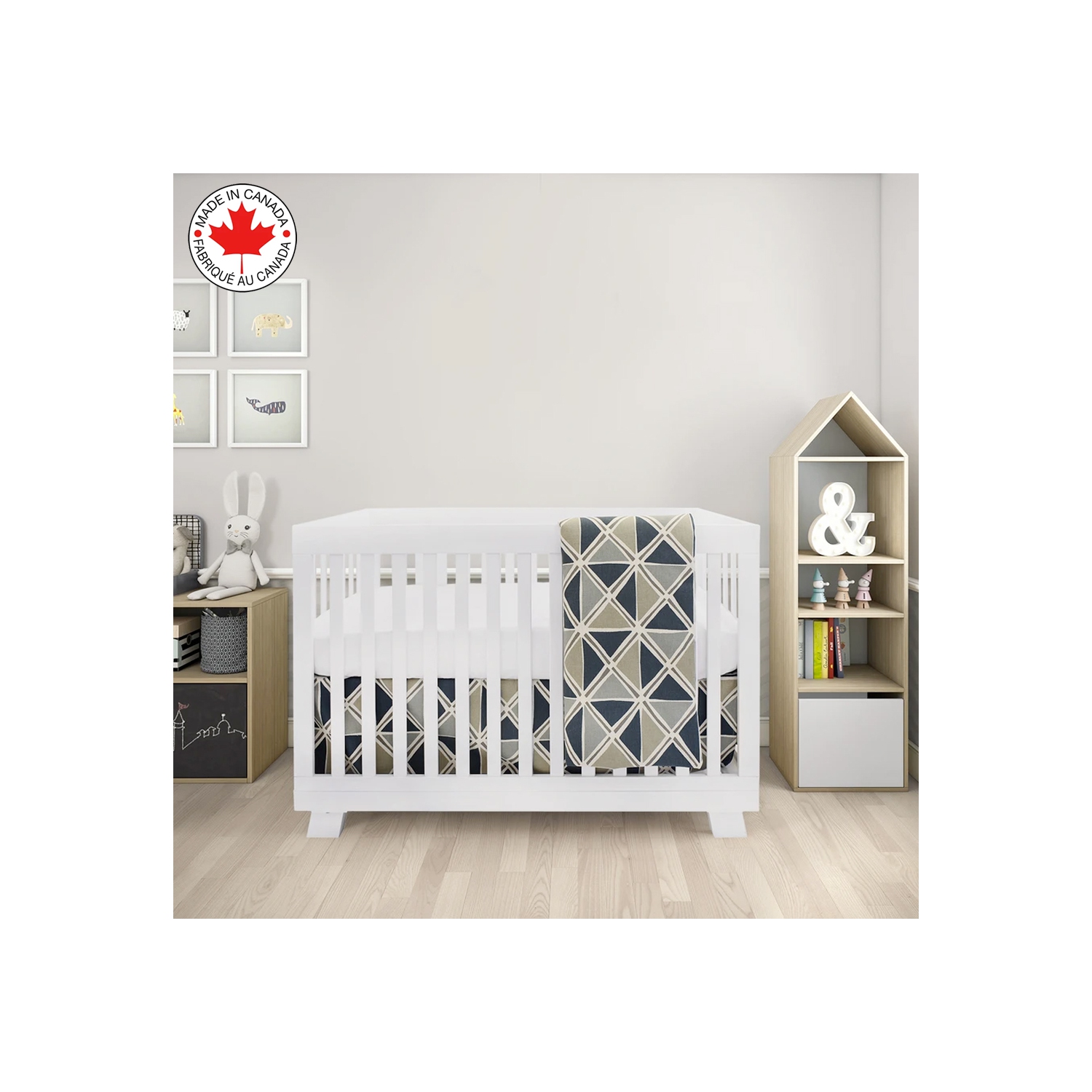 BEBELELO- BABY CRIB BEDDING - 4 PIECE GRAY AND BEIGE BABY WITH A PATTERN OF TRIANGLES