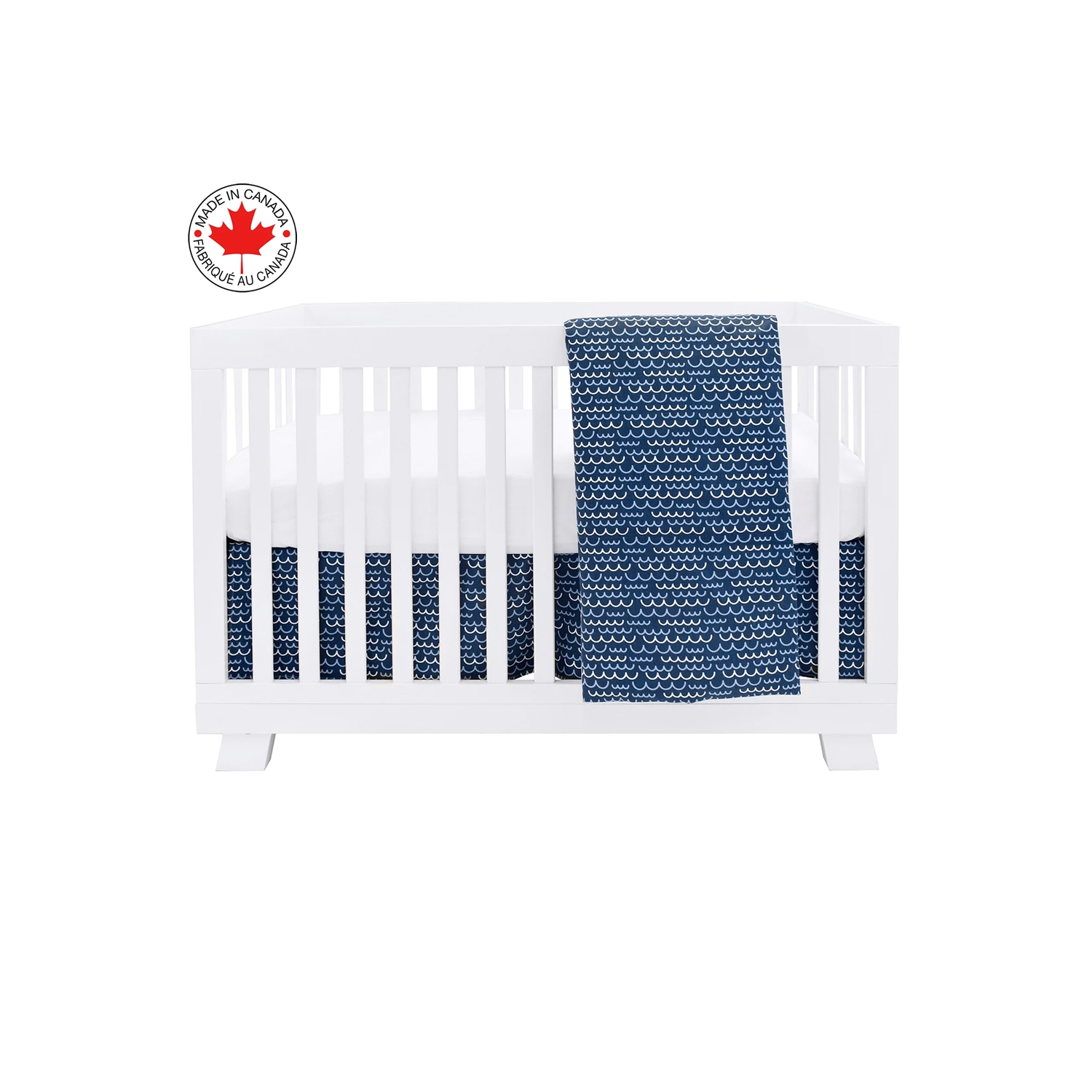 BEBELELO- BABY CRIB BEDDING 4 PIECE - NAVY BLUE AND WHITE BABY WITH WAVE PATTERN 