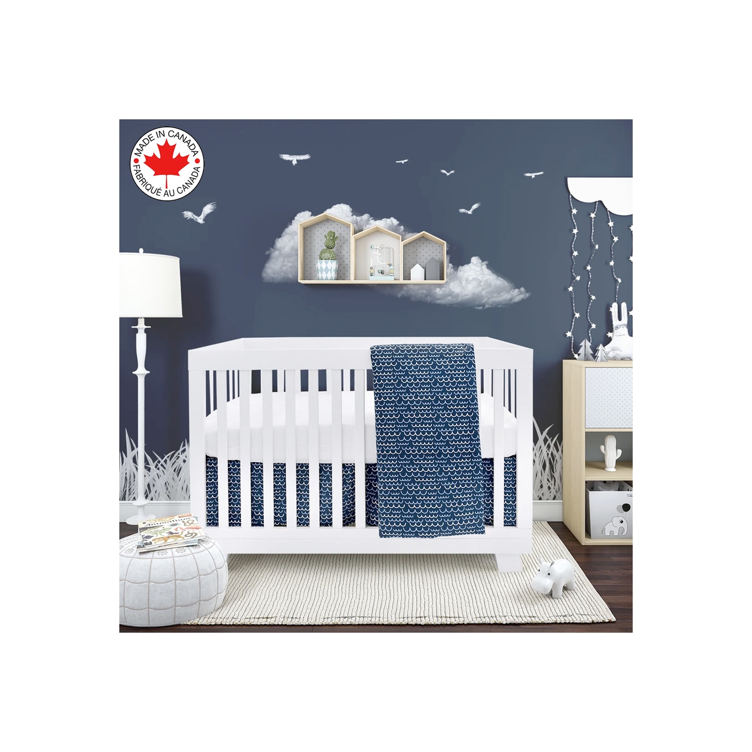 BEBELELO- BABY CRIB BEDDING 4 PIECE - NAVY BLUE AND WHITE BABY WITH WAVE PATTERN 