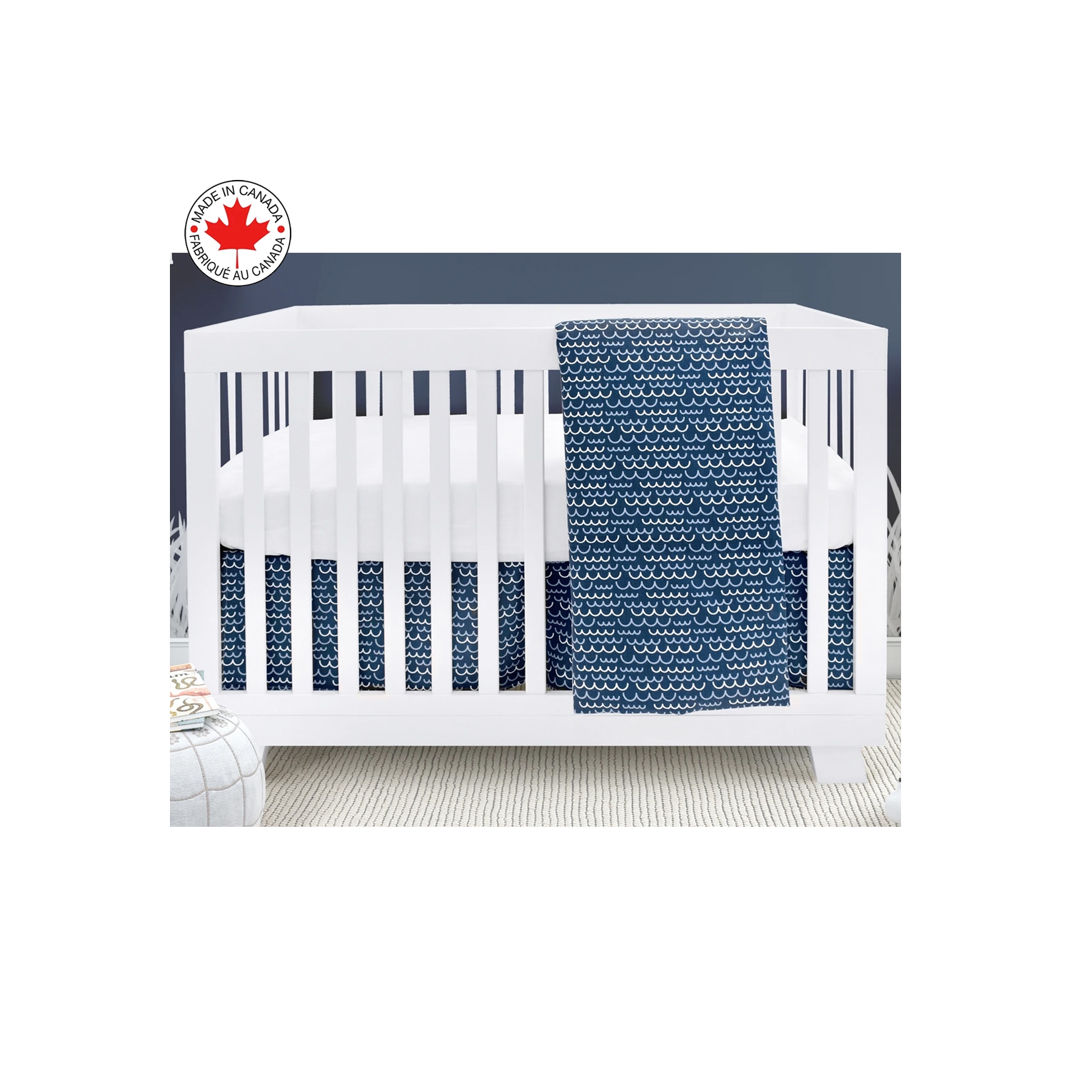 BEBELELO- BABY CRIB BEDDING 4 PIECE - NAVY BLUE AND WHITE BABY WITH WAVE PATTERN 