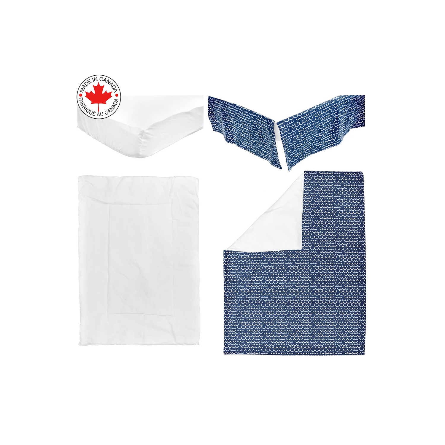 BEBELELO- BABY CRIB BEDDING 4 PIECE - NAVY BLUE AND WHITE BABY WITH WAVE PATTERN 