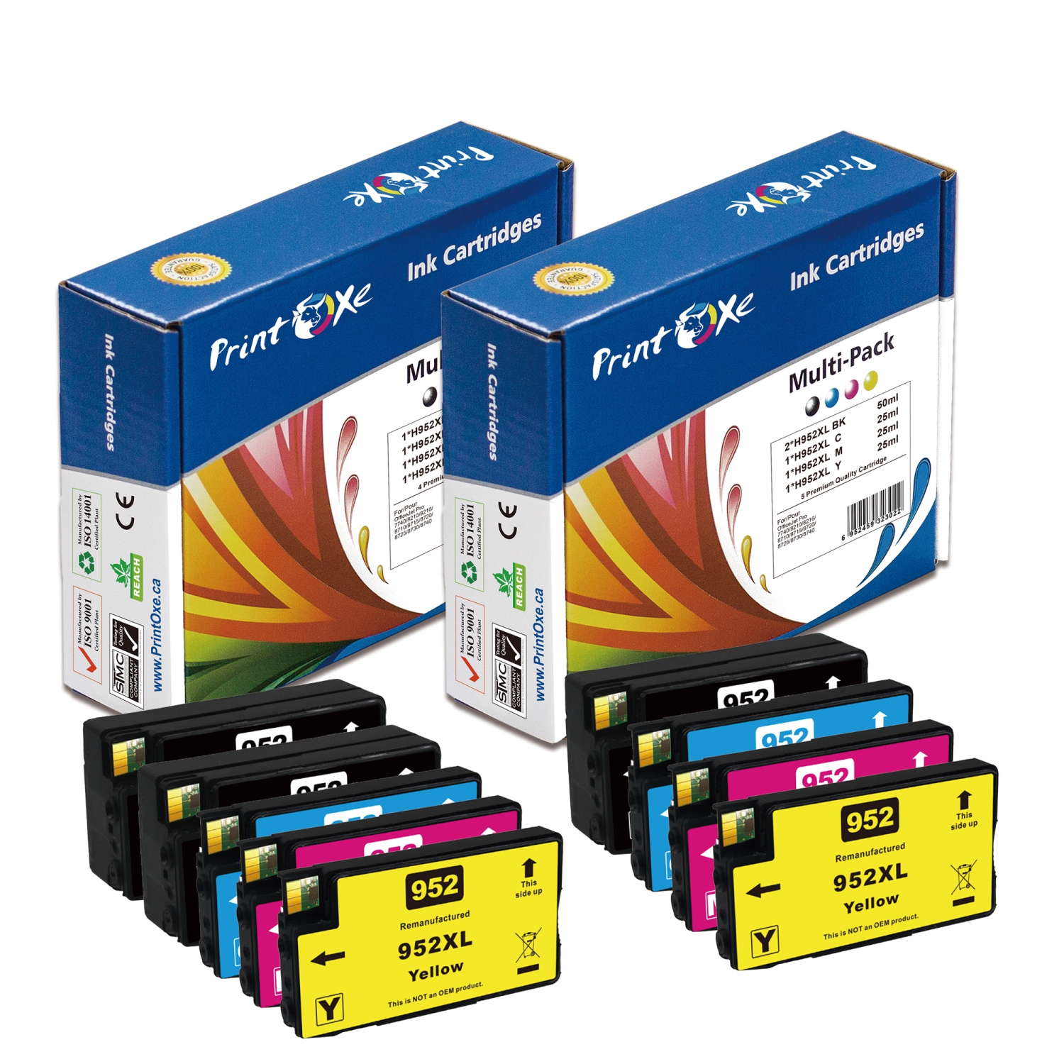 PrintOxe® 952XL Reman 2 Sets + BK of 9 Cartridges H-Yield 952 HP OfficeJet Pro 7740 8210 8216 8710 8715 8720 8725 8730 8740
