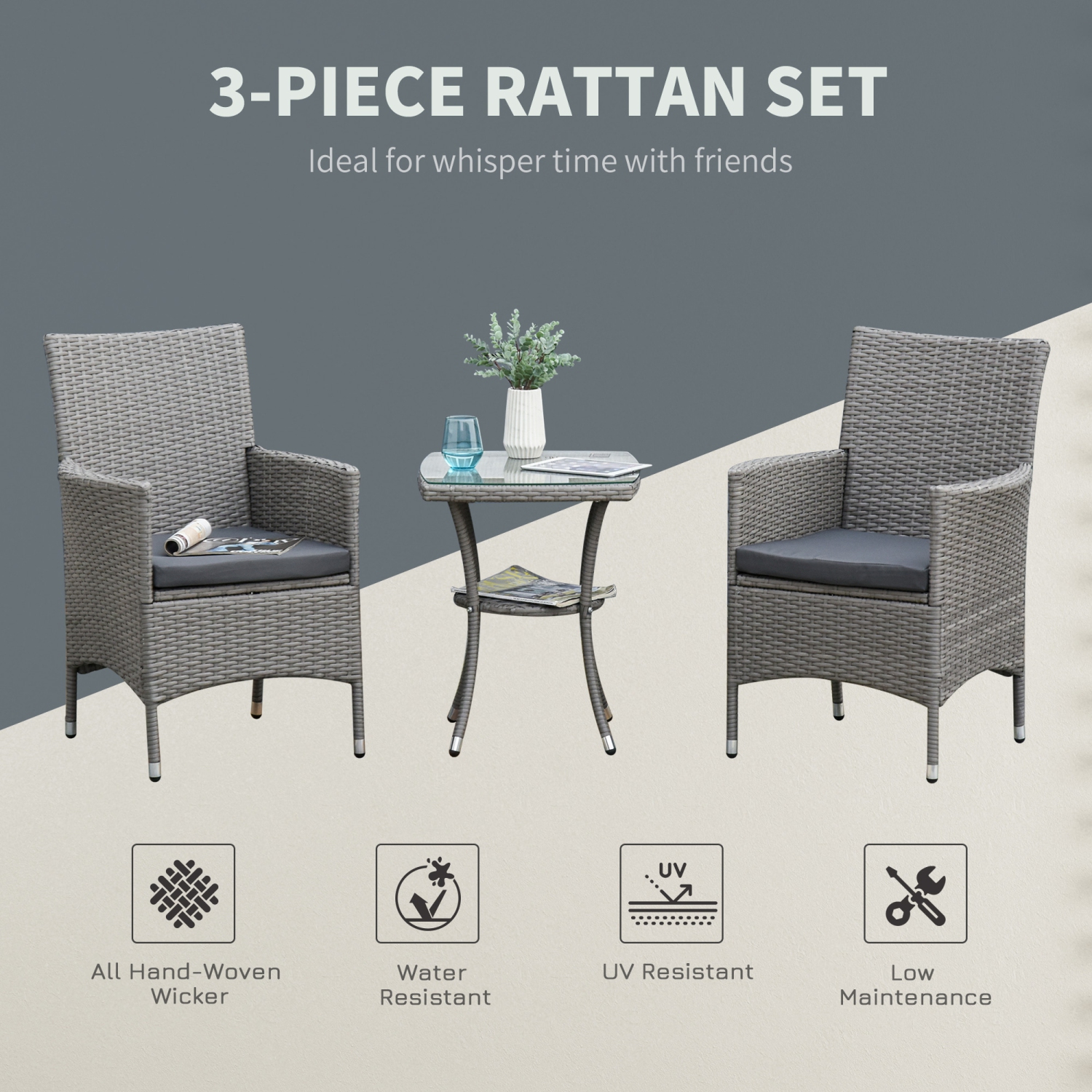 Outsunny 3 Pieces Wicker Patio Furniture Set, Rattan Bistro Set with Glass Top Coffee Table and Cushions, Outdoor Conversation Set for Garden, Porch,