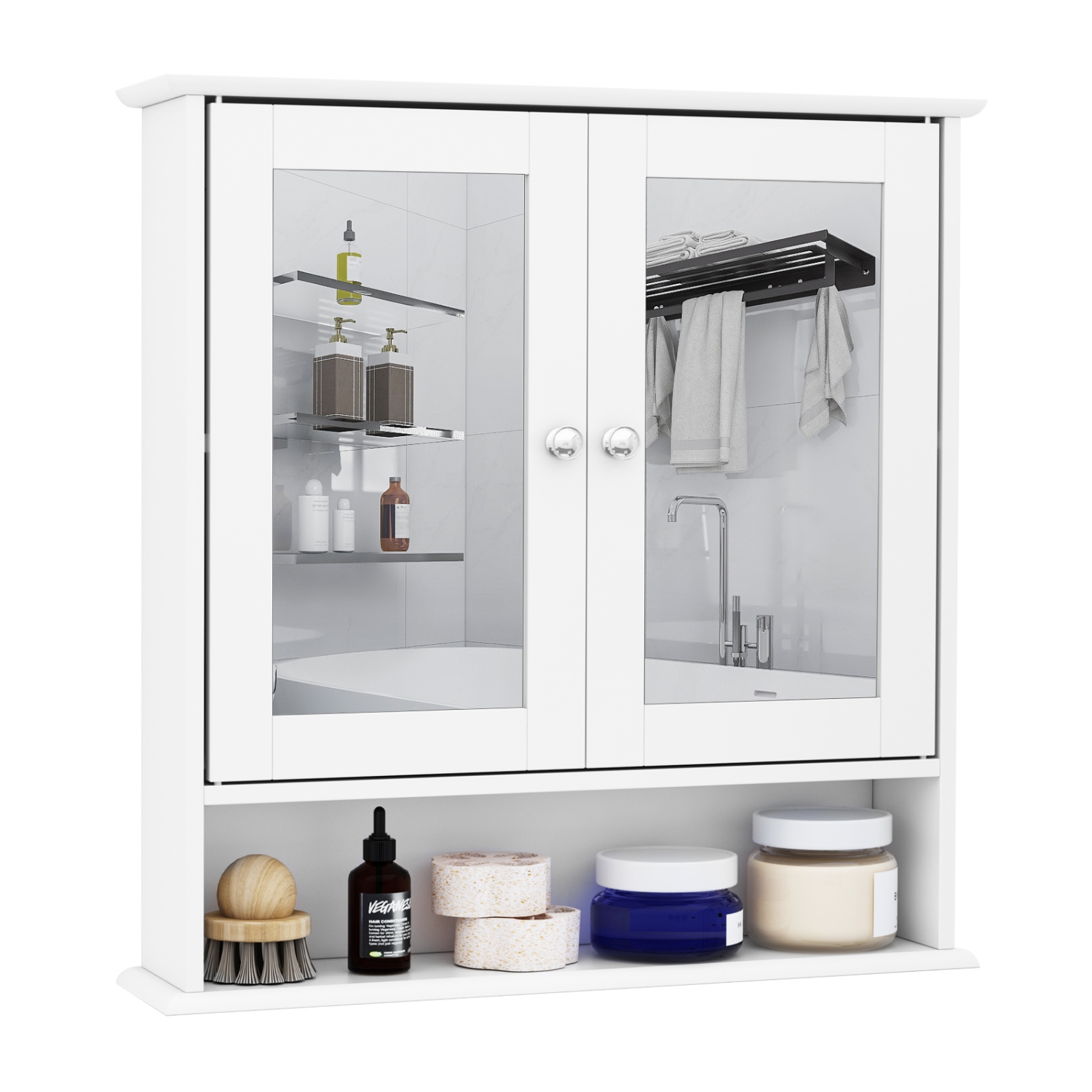 Armoire à pharmacie kleankin, armoire à miroir de salle de bain murale avec portes doubles, tablette ouverte et tablette réglable, armoire murale