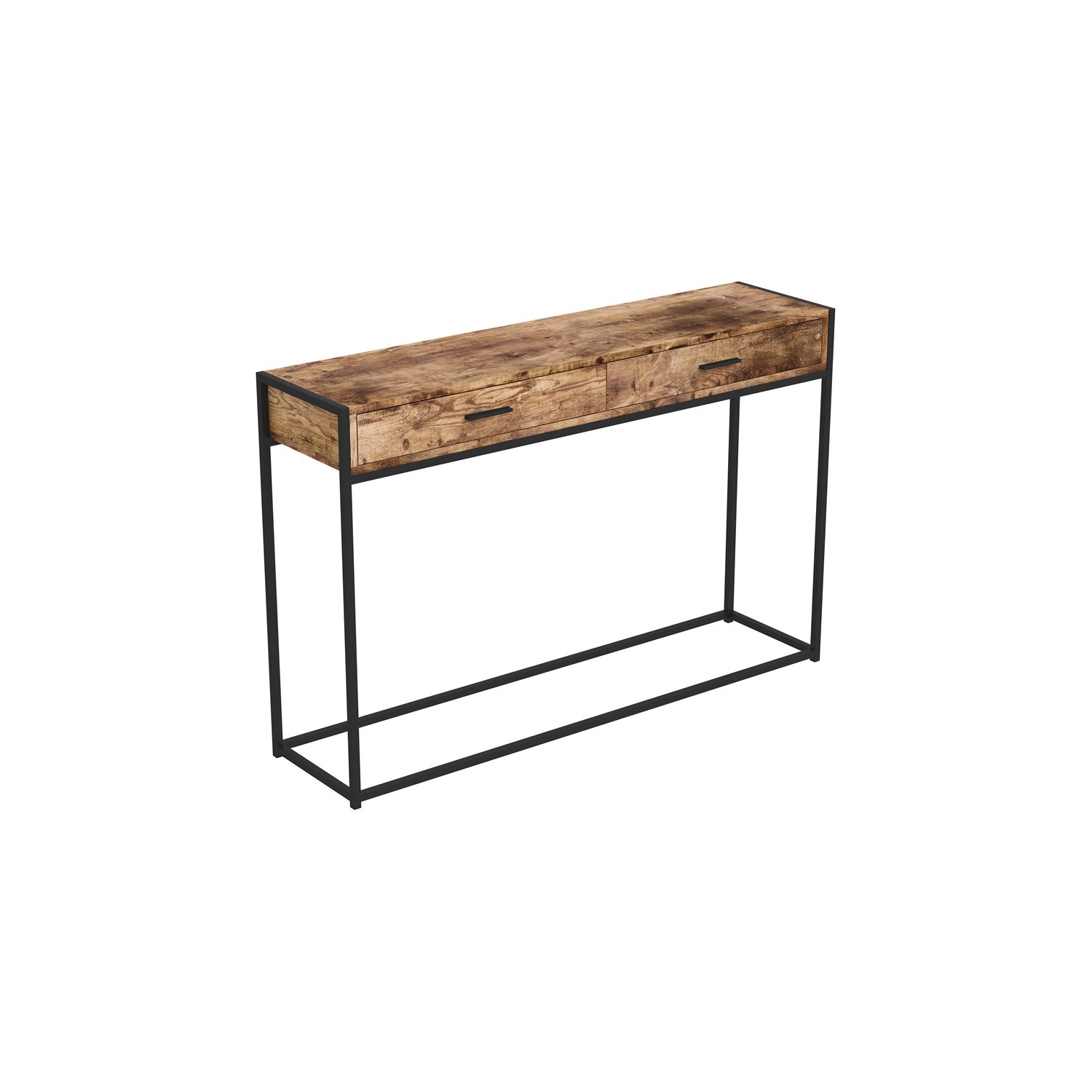 Table Console 48L Bois Brun Récupéré 2 Tirroirs Métal Noir