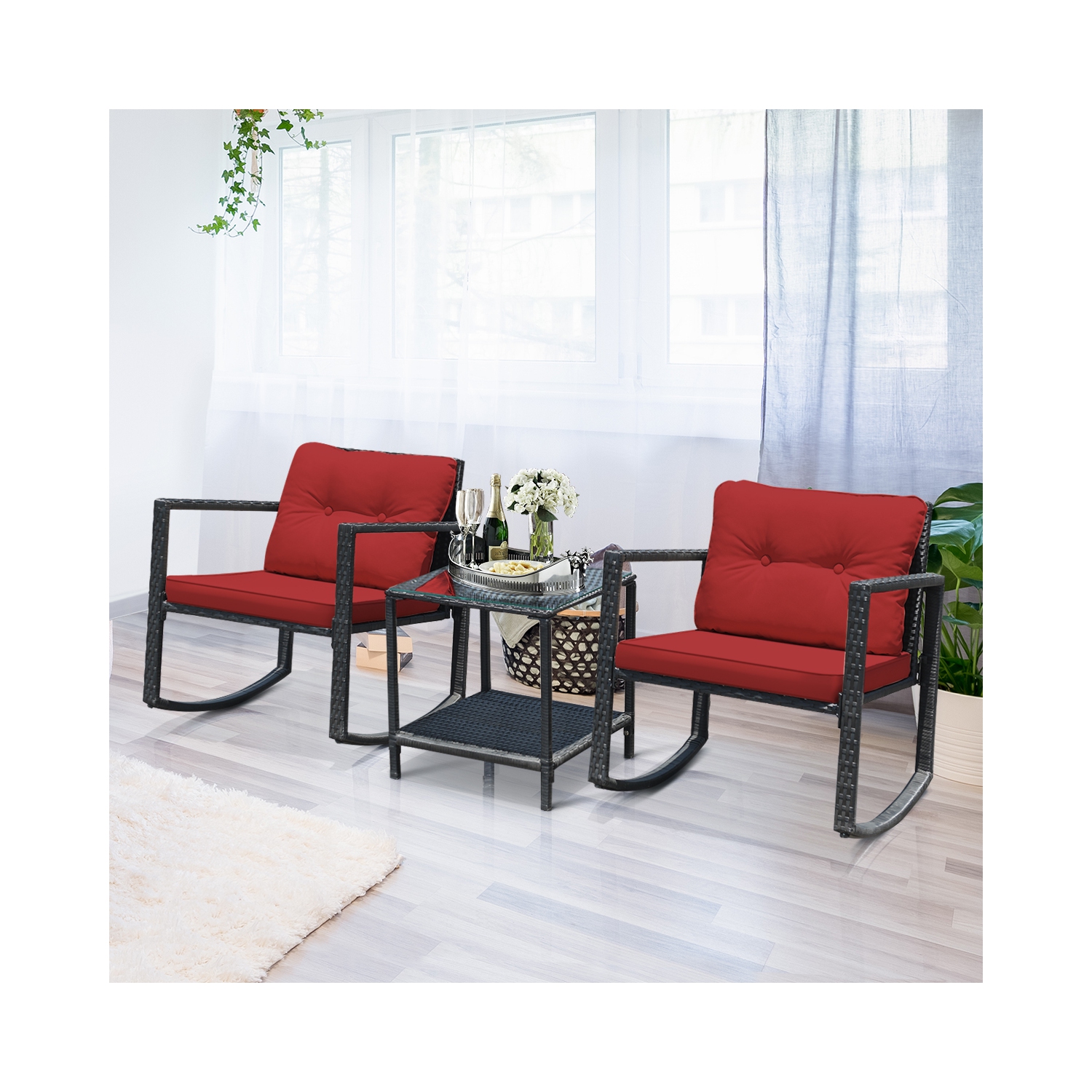 Costway 3-Piece Patio Wicker Bistro Furniture Set w/ 2 Rocking Chairs, Glass Side Table, Cushions Red/Beige