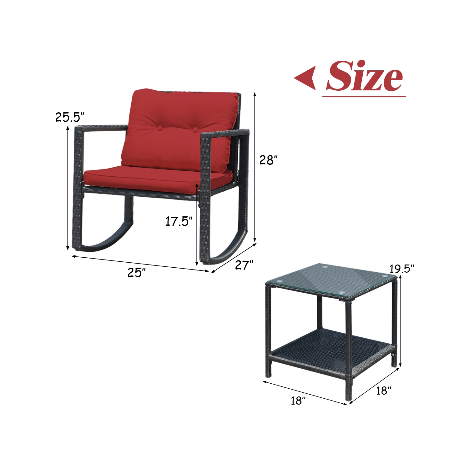 Costway 3-Piece Patio Wicker Bistro Furniture Set w/ 2 Rocking Chairs, Glass Side Table, Cushions Red/Beige