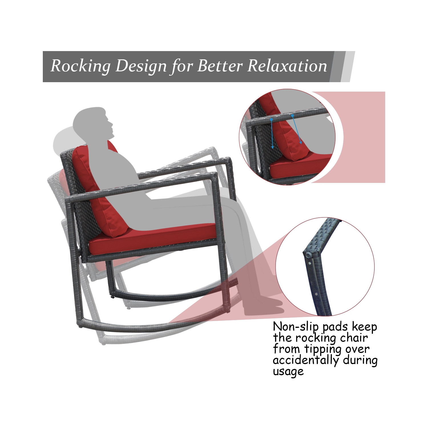 Costway 3-Piece Patio Wicker Bistro Furniture Set w/ 2 Rocking Chairs, Glass Side Table, Cushions Red/Beige