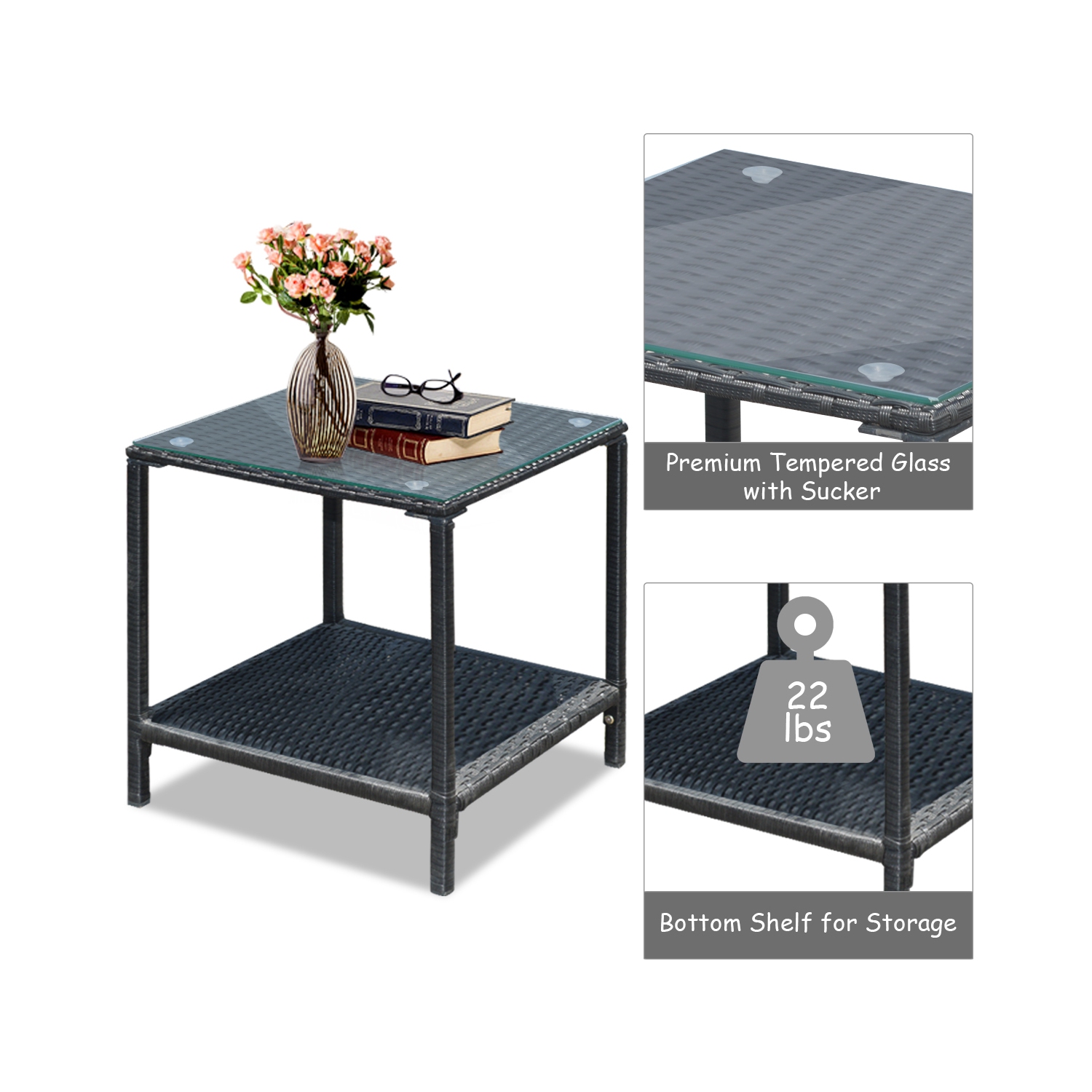 Costway 3-Piece Patio Wicker Bistro Furniture Set w/ 2 Rocking Chairs, Glass Side Table, Cushions Red/Beige