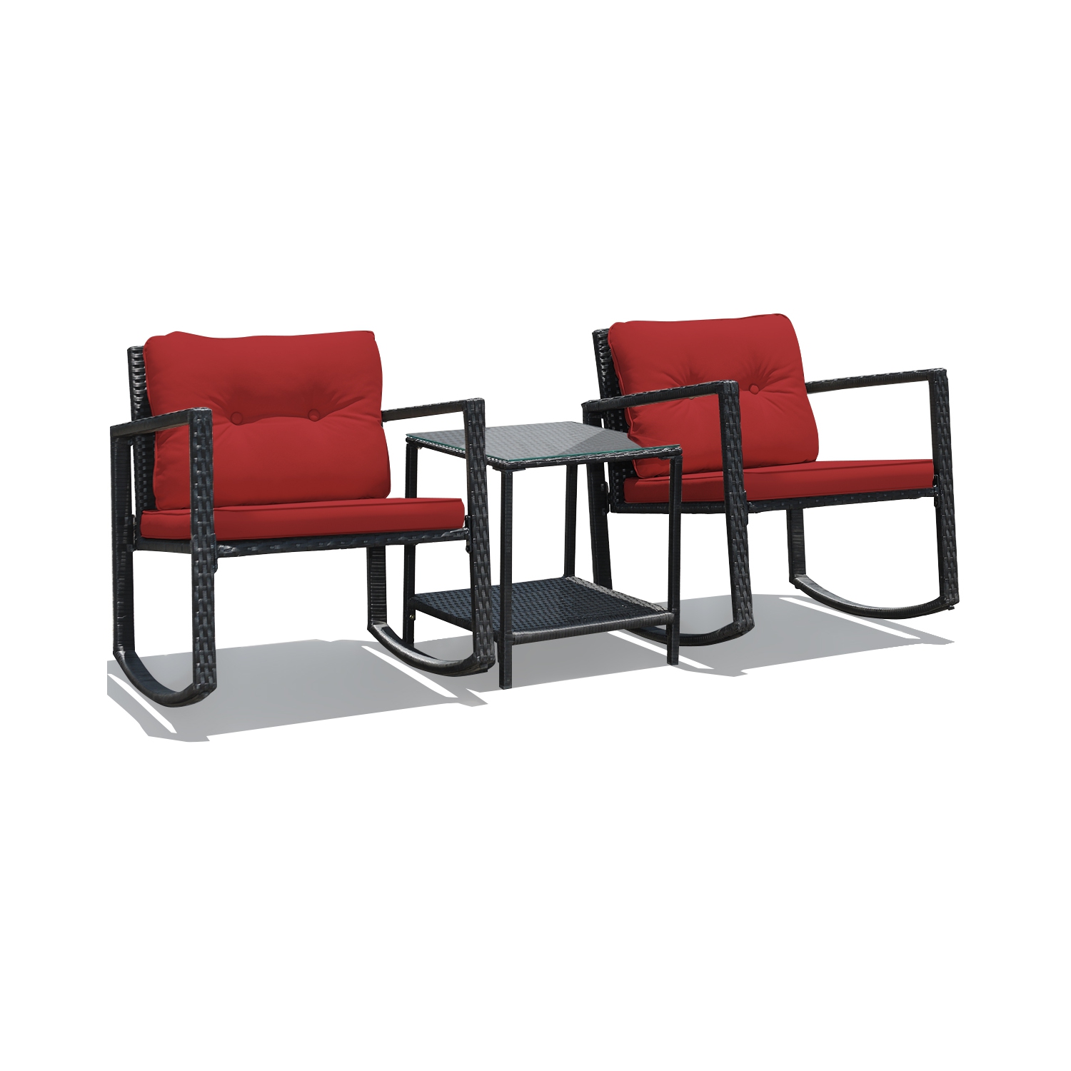 Costway 3-Piece Patio Wicker Bistro Furniture Set w/ 2 Rocking Chairs, Glass Side Table, Cushions Red/Beige