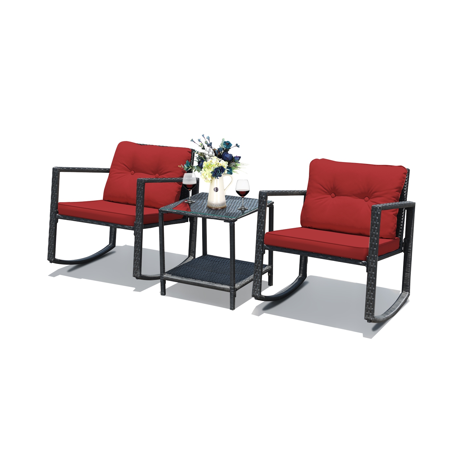 Costway 3-Piece Patio Wicker Bistro Furniture Set w/ 2 Rocking Chairs, Glass Side Table, Cushions Red/Beige