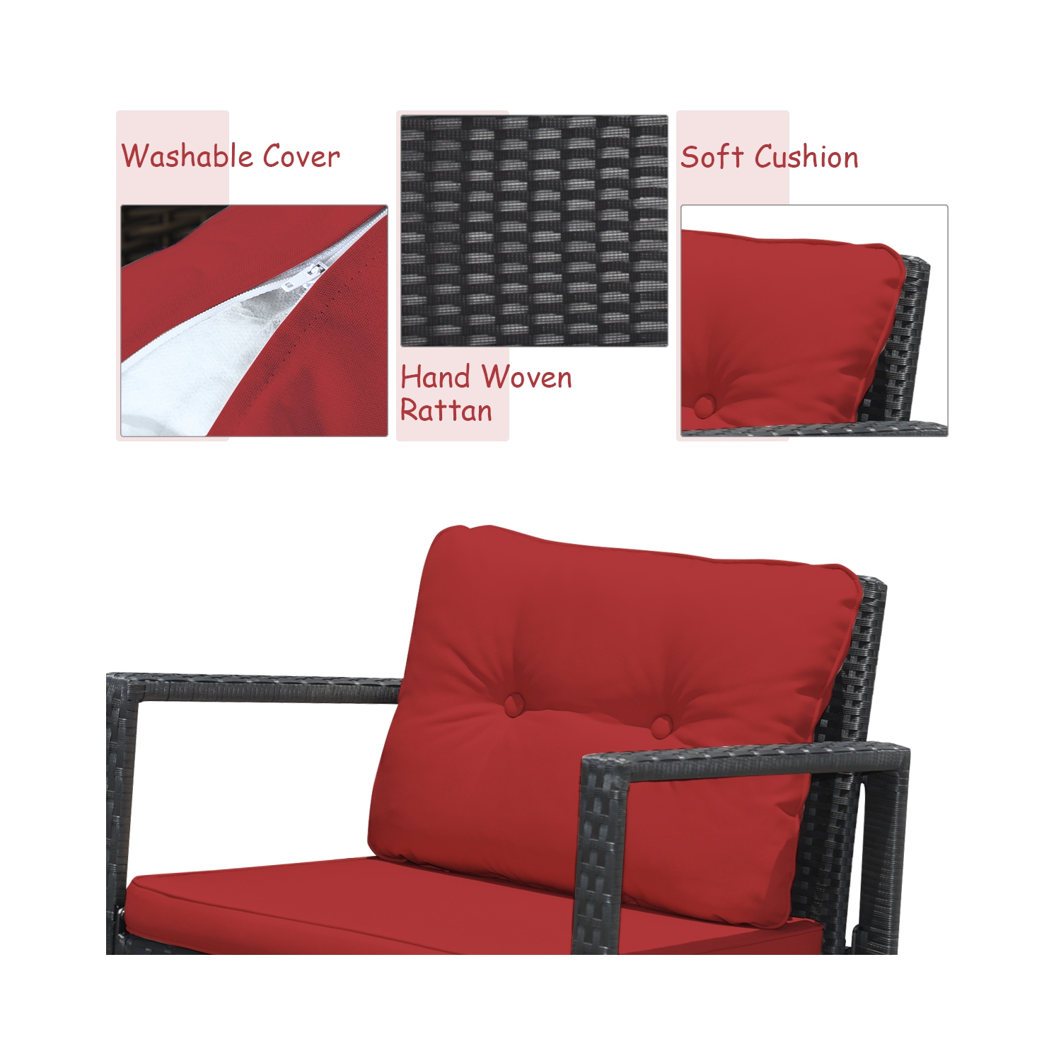 Costway 3-Piece Patio Wicker Bistro Furniture Set w/ 2 Rocking Chairs, Glass Side Table, Cushions Red/Beige