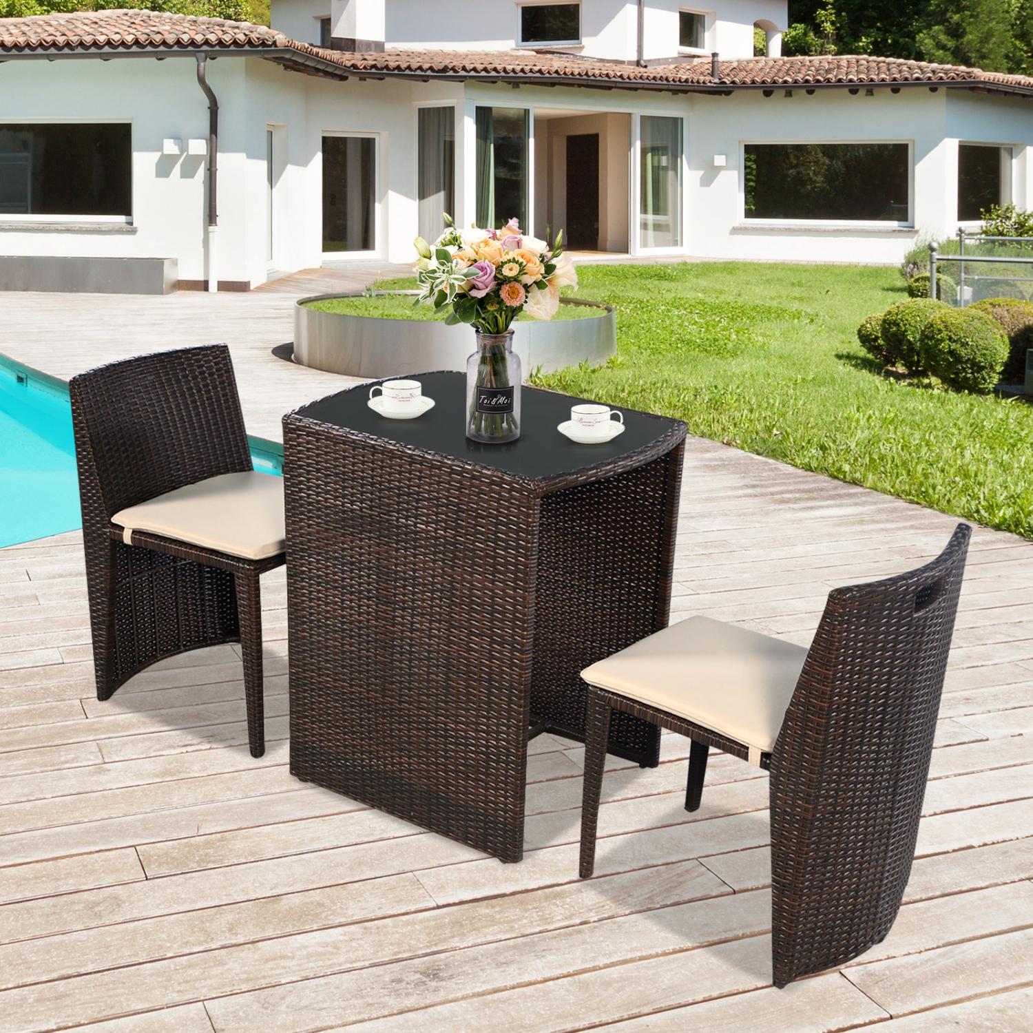 Costway 3 pcs Cushioned Outdoor Wicker Patio Set Garden Lawn Sofa Furniture Seat No Assembly