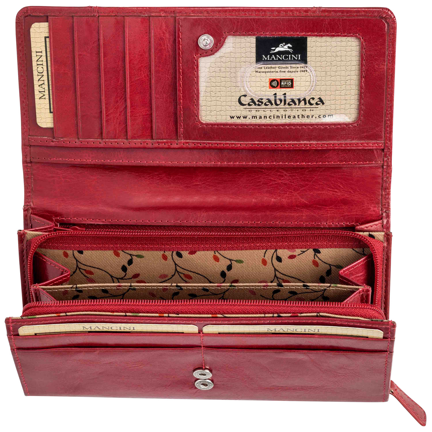 Mancini Casablanca RFID Genuine Leather Tri-fold Clutch Wallet - Red