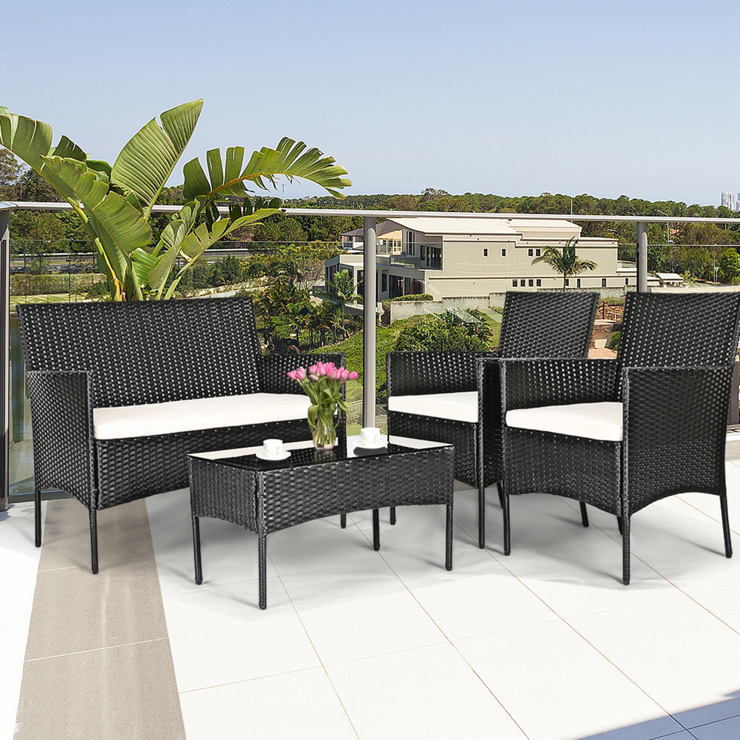 Gymax 4PCS Patio Rattan Conversation Set Outdoor Furniture Set w/ Cushion