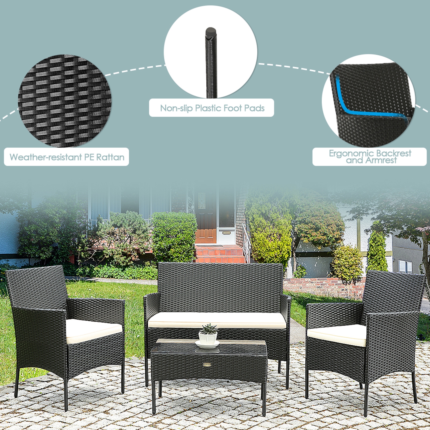 Gymax 4PCS Patio Rattan Conversation Set Outdoor Furniture Set w/ Cushion