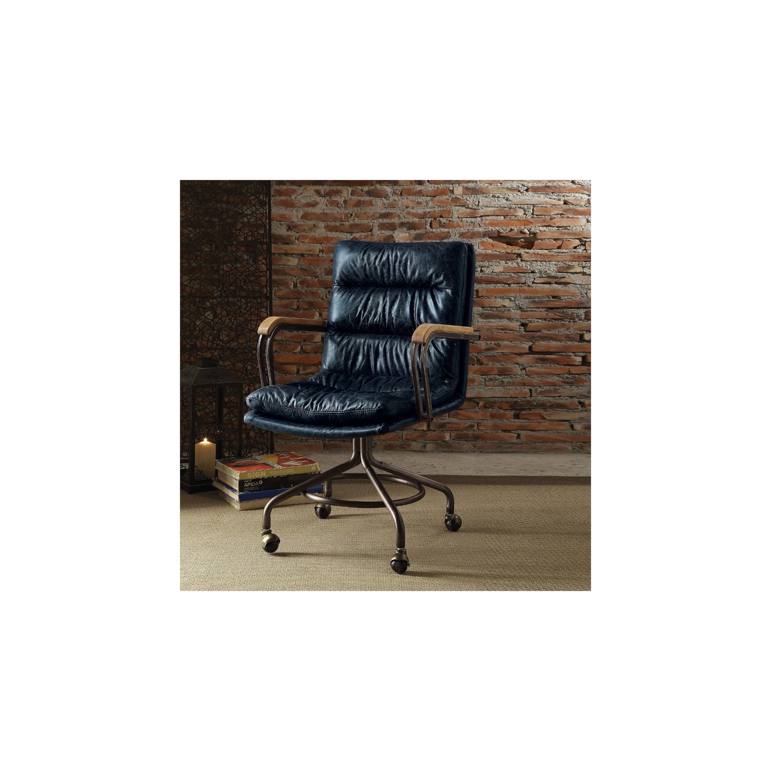 ACME Hedia Leather Swivel Office Chair in Vintage Blue