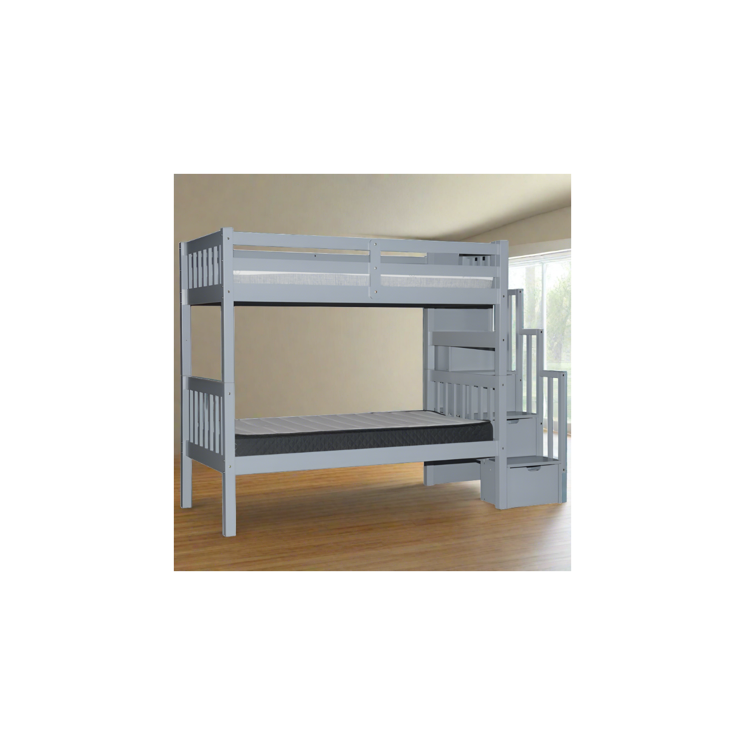 Lit superposé simple sur lit simple gris