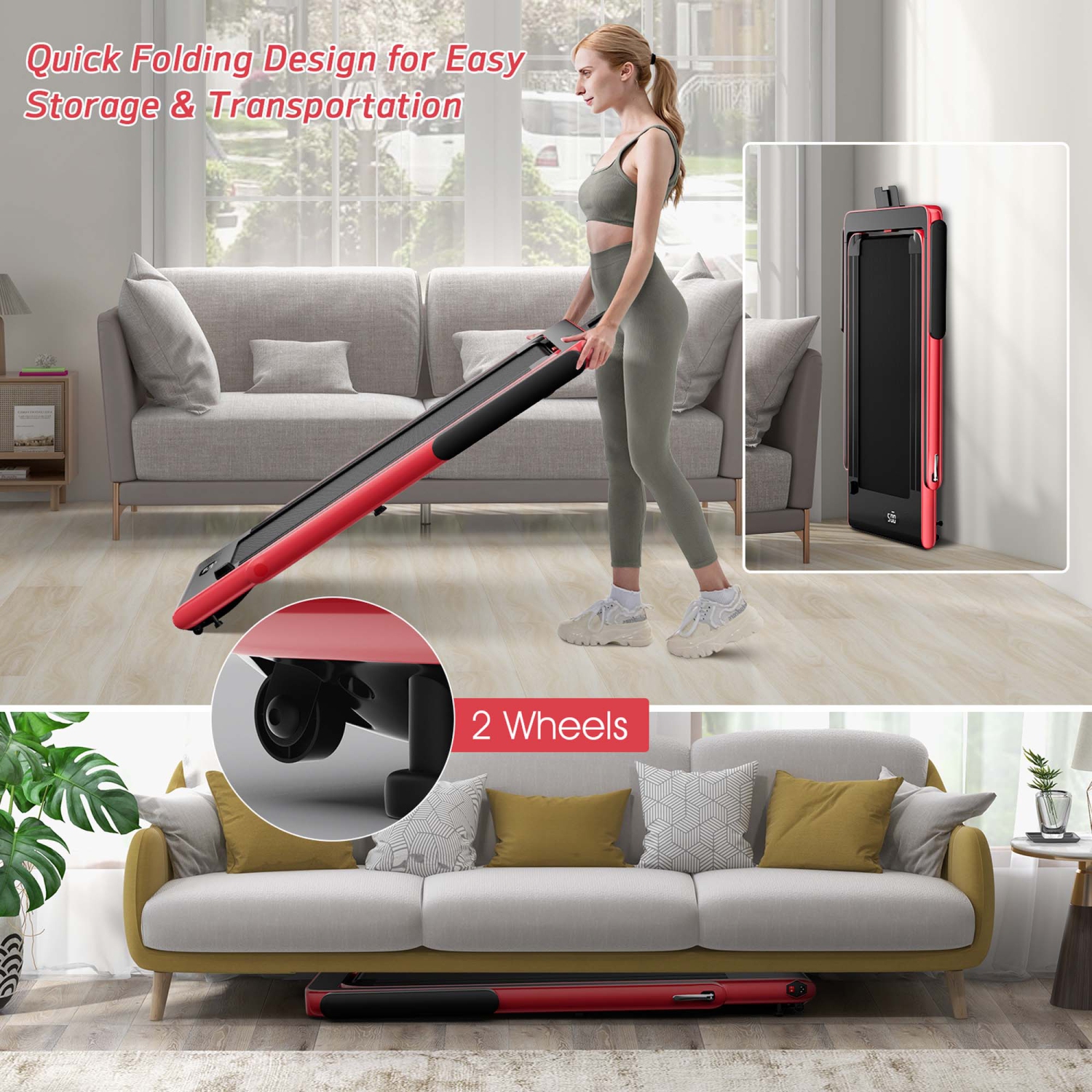 SuperFit 2.25HP Dual-Display Compact Folding Walking Pad with Bluetooth Speaker & Remote - Red