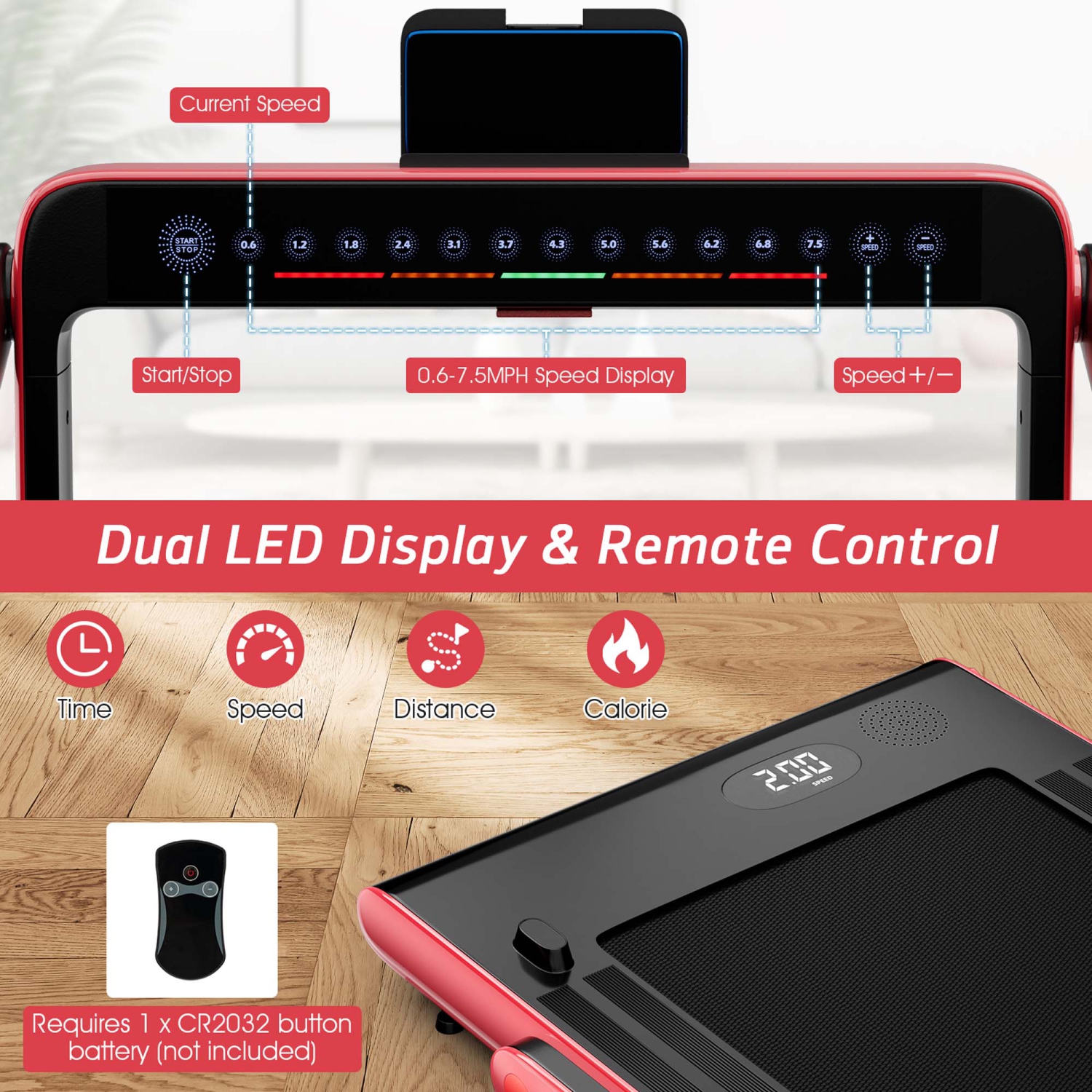 SuperFit 2.25HP Dual-Display Compact Folding Walking Pad with Bluetooth Speaker & Remote - Red