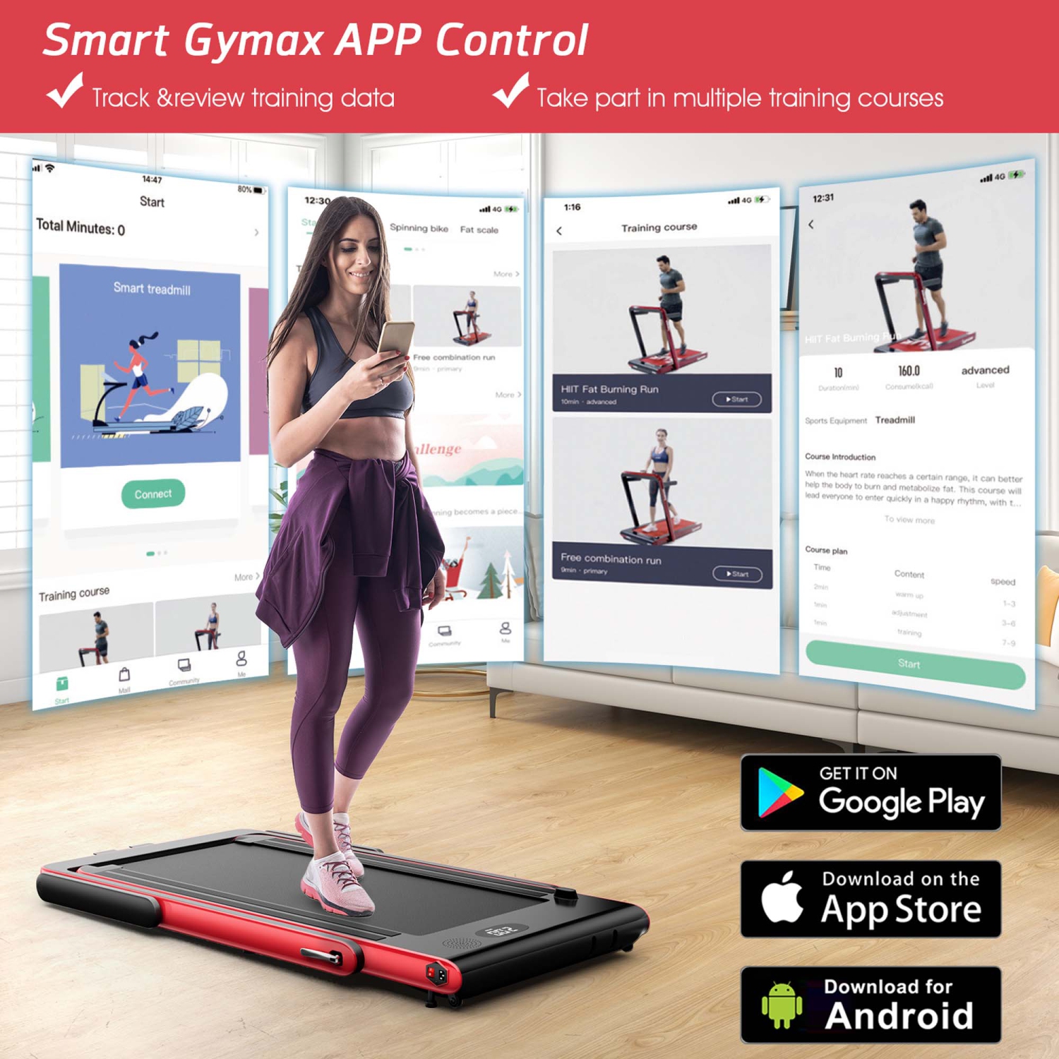 SuperFit 2.25HP Dual-Display Compact Folding Walking Pad with Bluetooth Speaker & Remote - Red