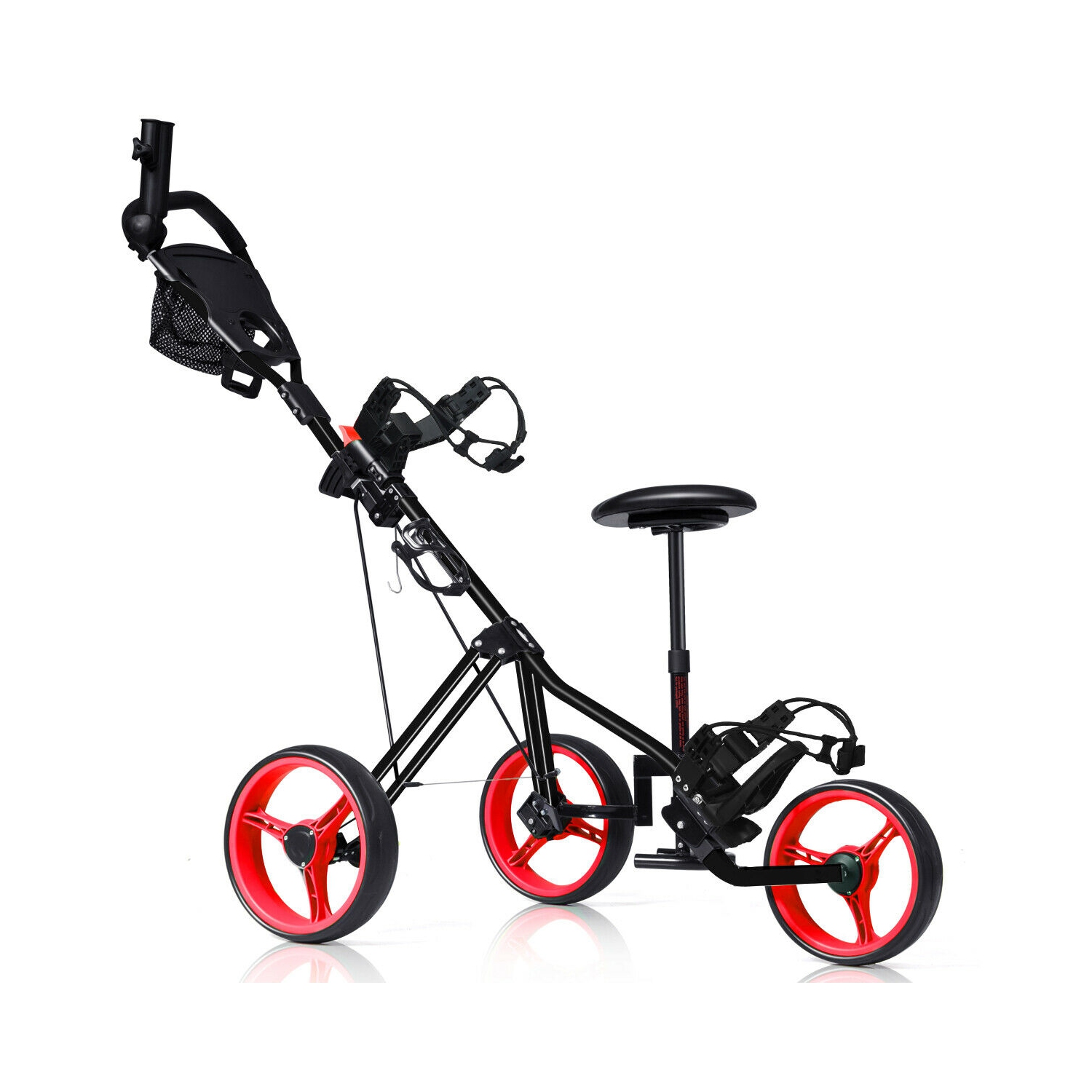 Foldable 3 Wheel Push Pull Golf Club Cart Trolley w/Seat Scoreboard Bag Red/Blue