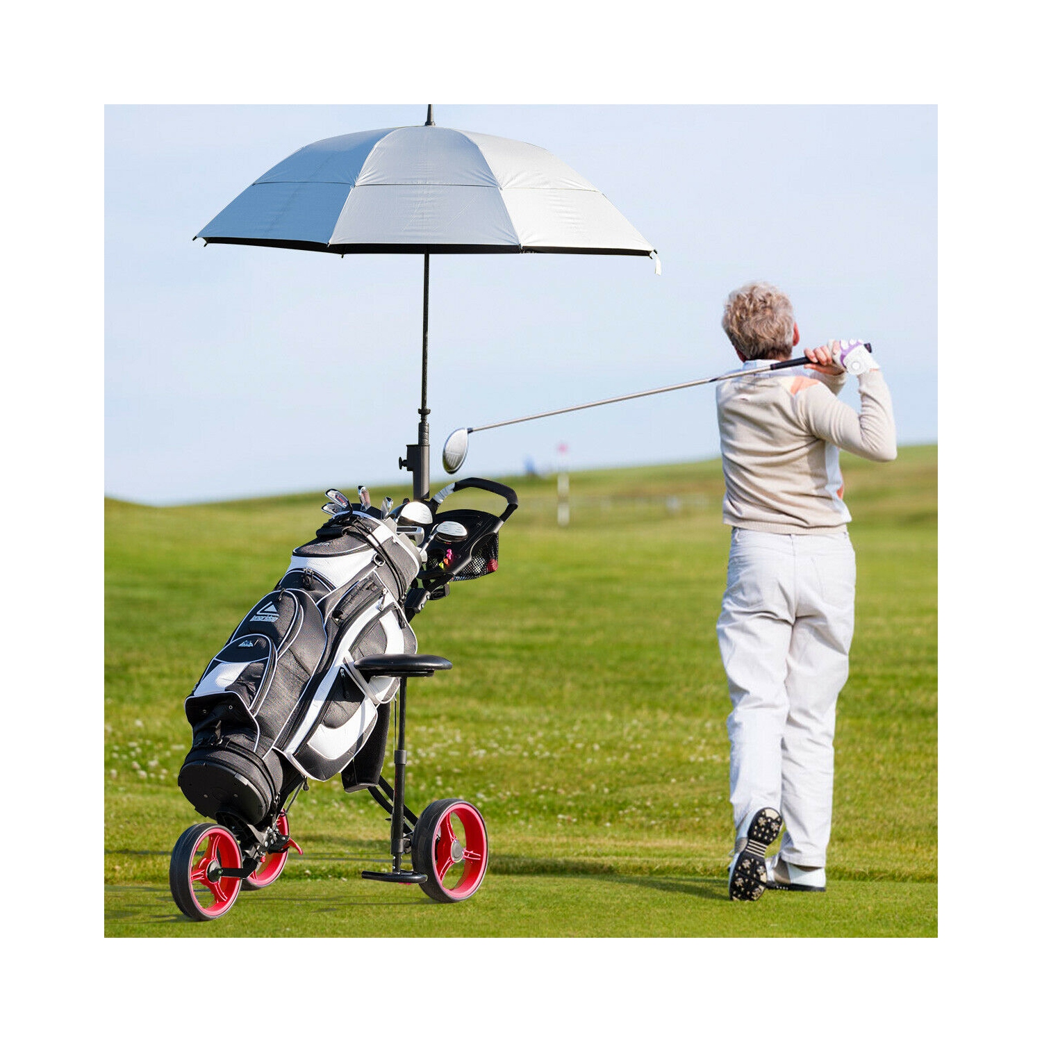 Foldable 3 Wheel Push Pull Golf Club Cart Trolley w/Seat Scoreboard Bag Red/Blue