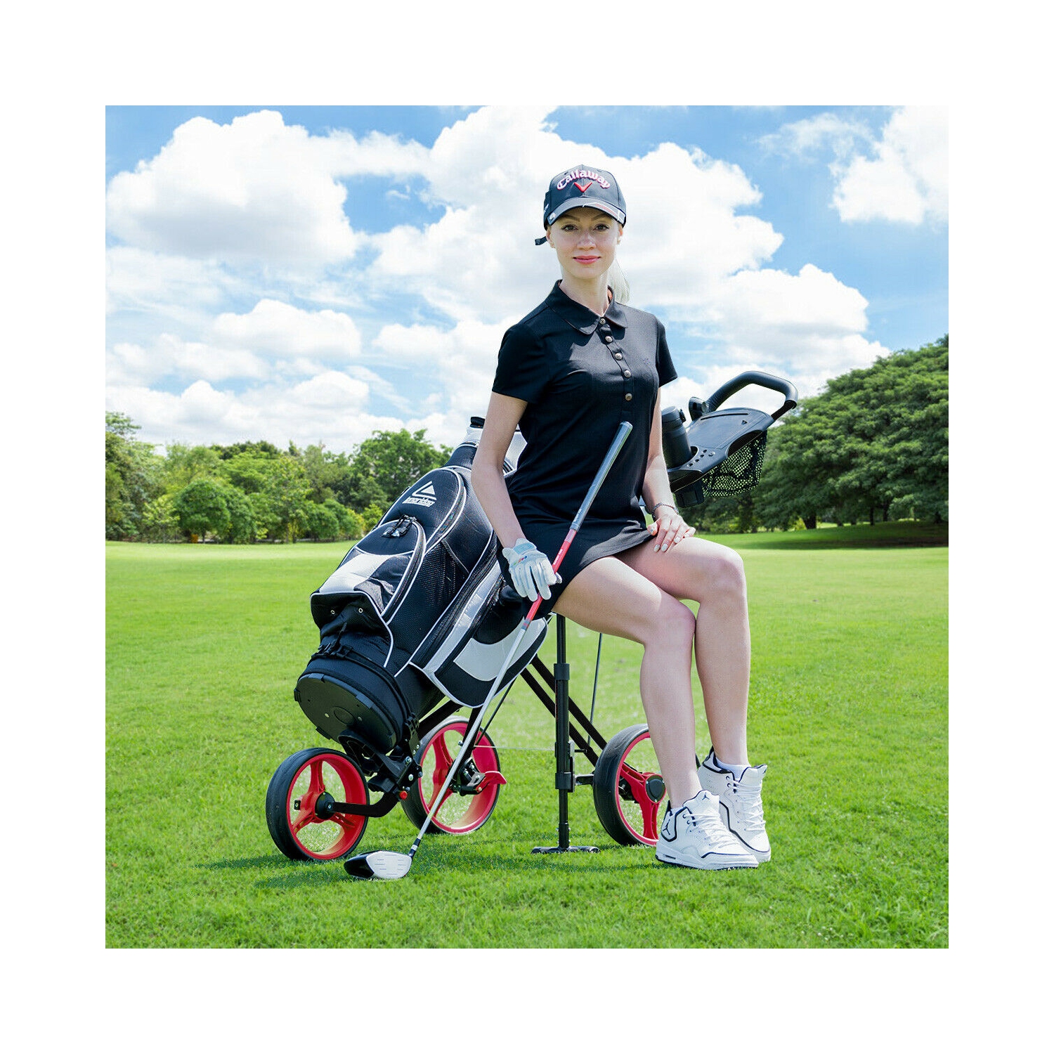 Foldable 3 Wheel Push Pull Golf Club Cart Trolley w/Seat Scoreboard Bag Red/Blue