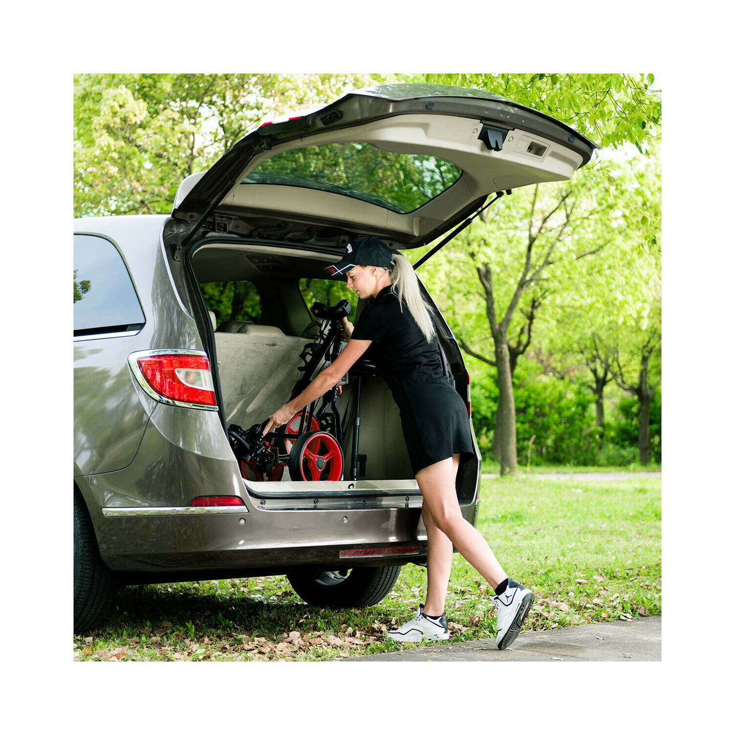 Foldable 3 Wheel Push Pull Golf Club Cart Trolley w/Seat Scoreboard Bag Red/Blue