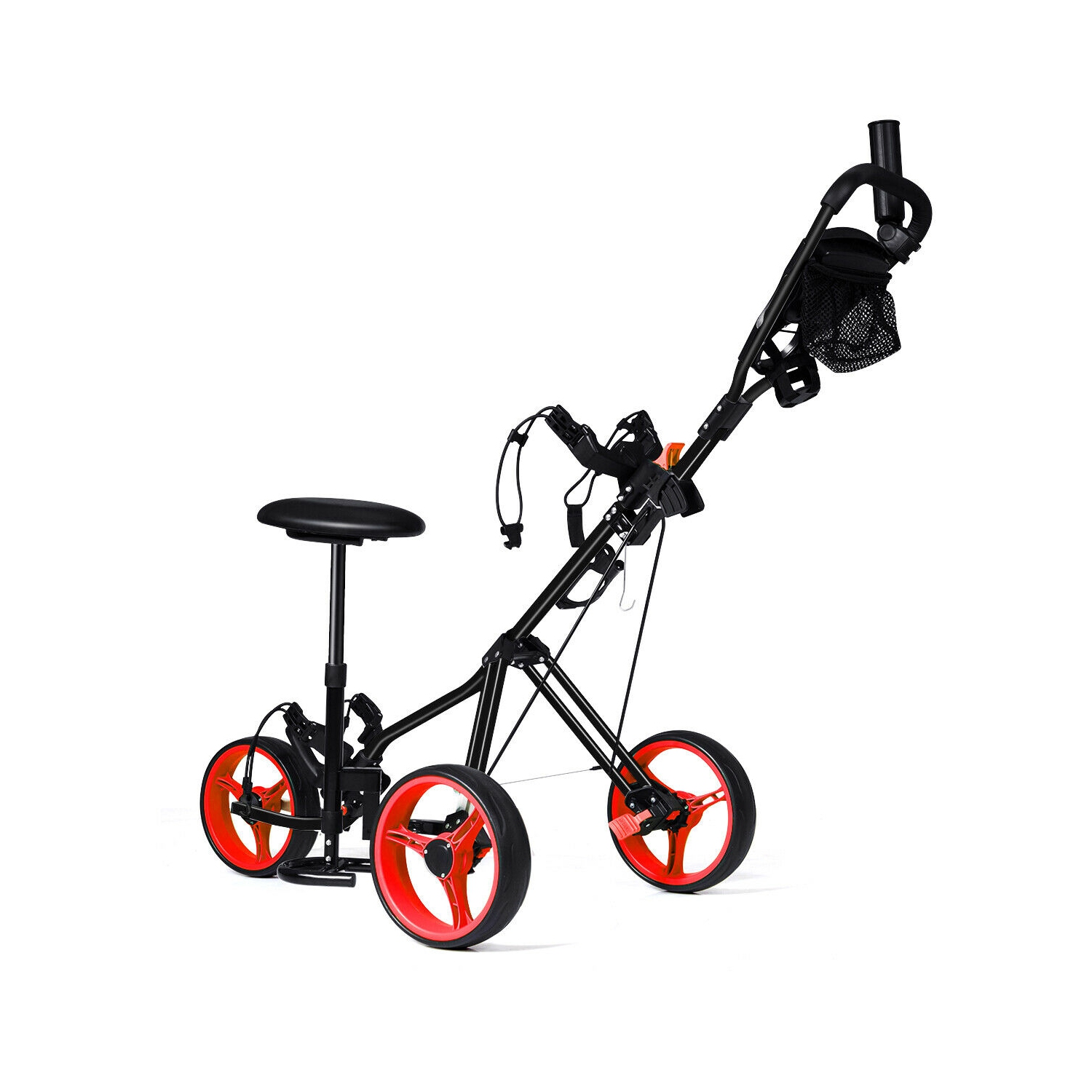 Foldable 3 Wheel Push Pull Golf Club Cart Trolley w/Seat Scoreboard Bag Red/Blue