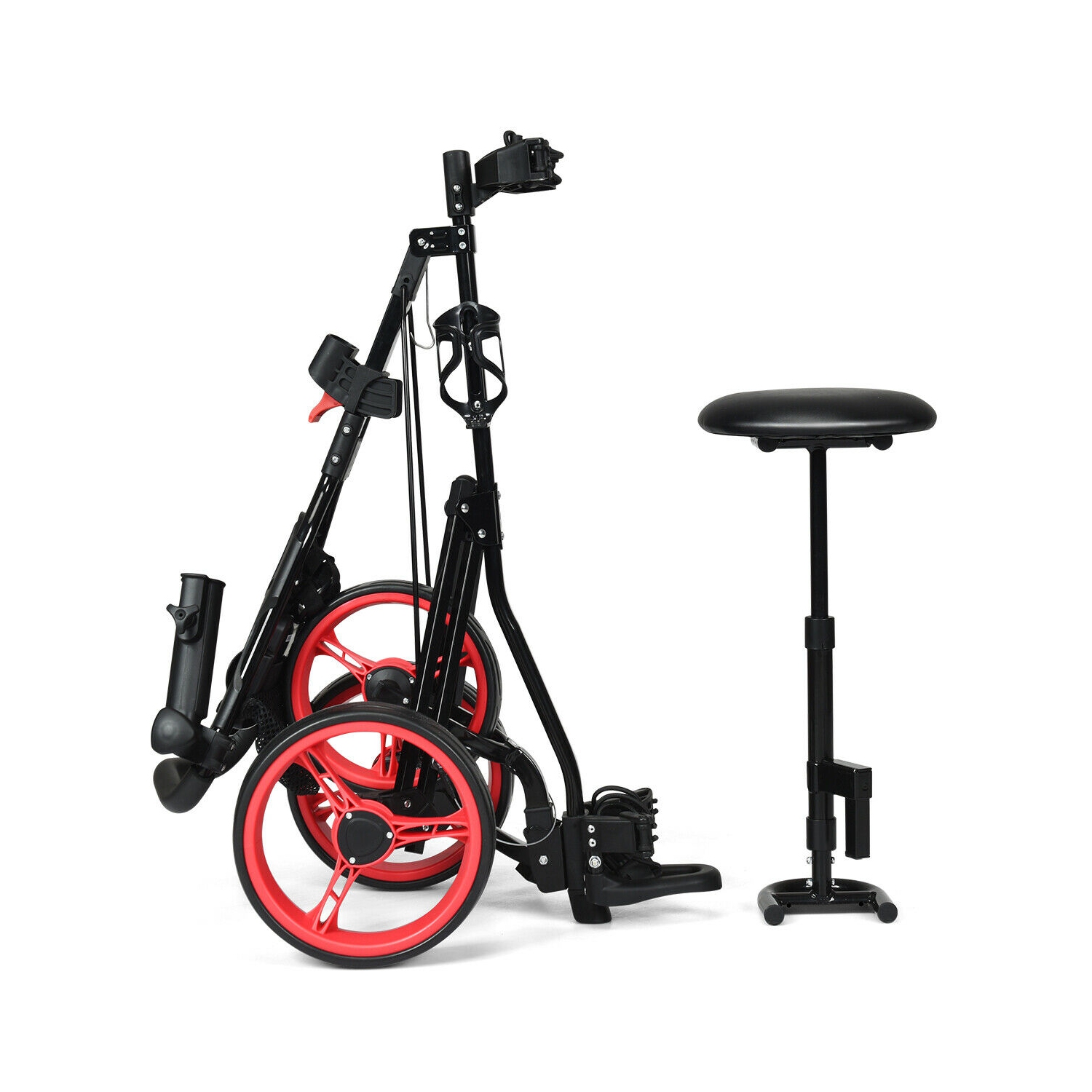 Foldable 3 Wheel Push Pull Golf Club Cart Trolley w/Seat Scoreboard Bag Red/Blue