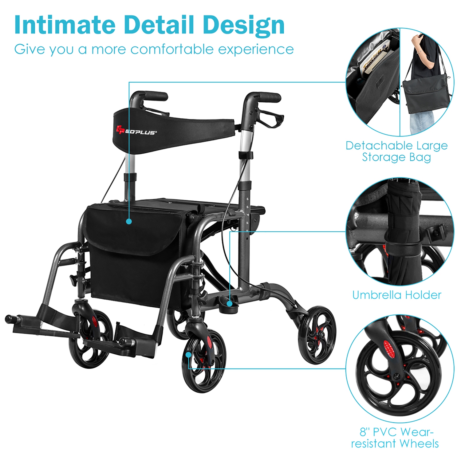 Goplus Folding Medical Rollator Walker Aluminum Transport Chair Adjustable Handle