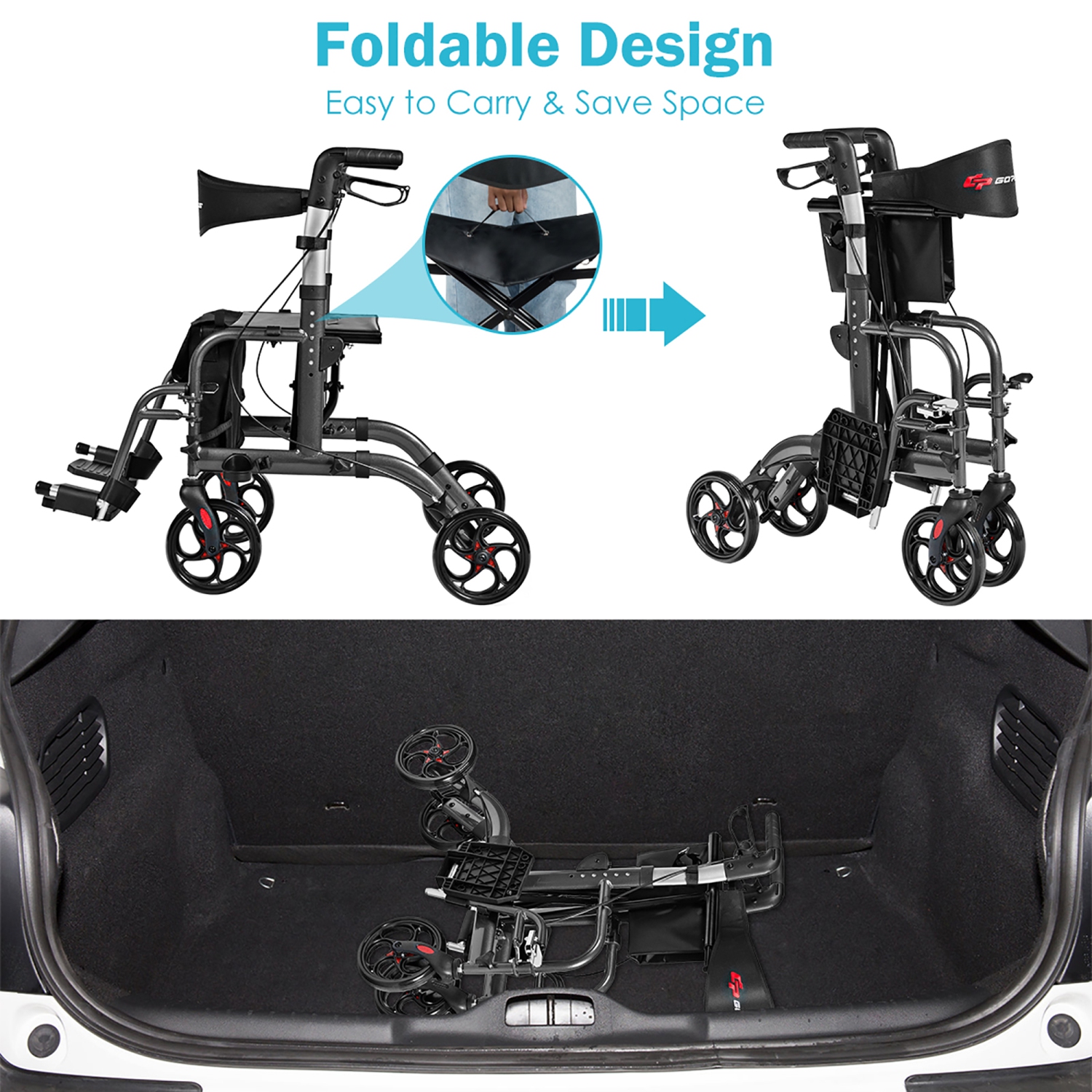 Goplus Folding Medical Rollator Walker Aluminum Transport Chair Adjustable Handle