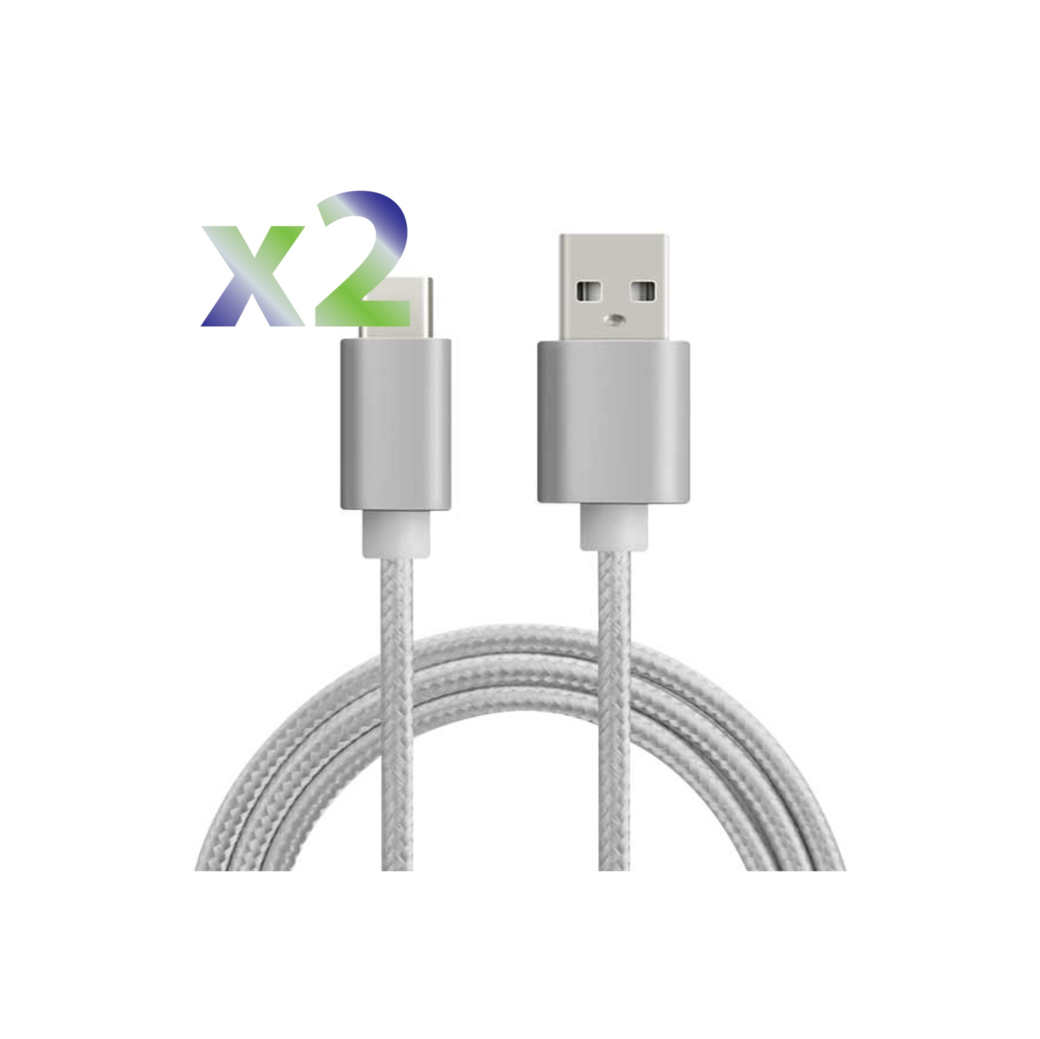 Exian Type C USB Nylon Braided Cable 3M Silver 2/Pkg