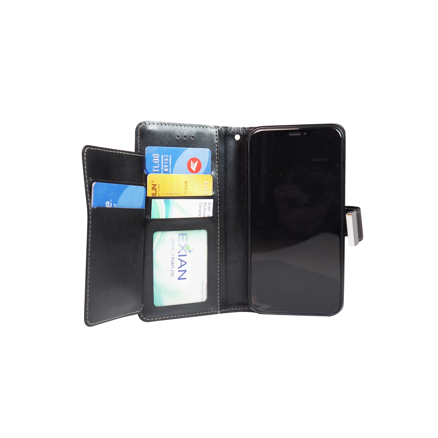 Le portefeuille en similicuir de polyuréthane iPhone 11 Pro Max d’Exian peut contenir jusqu’à 10 fentes pour cartes noires