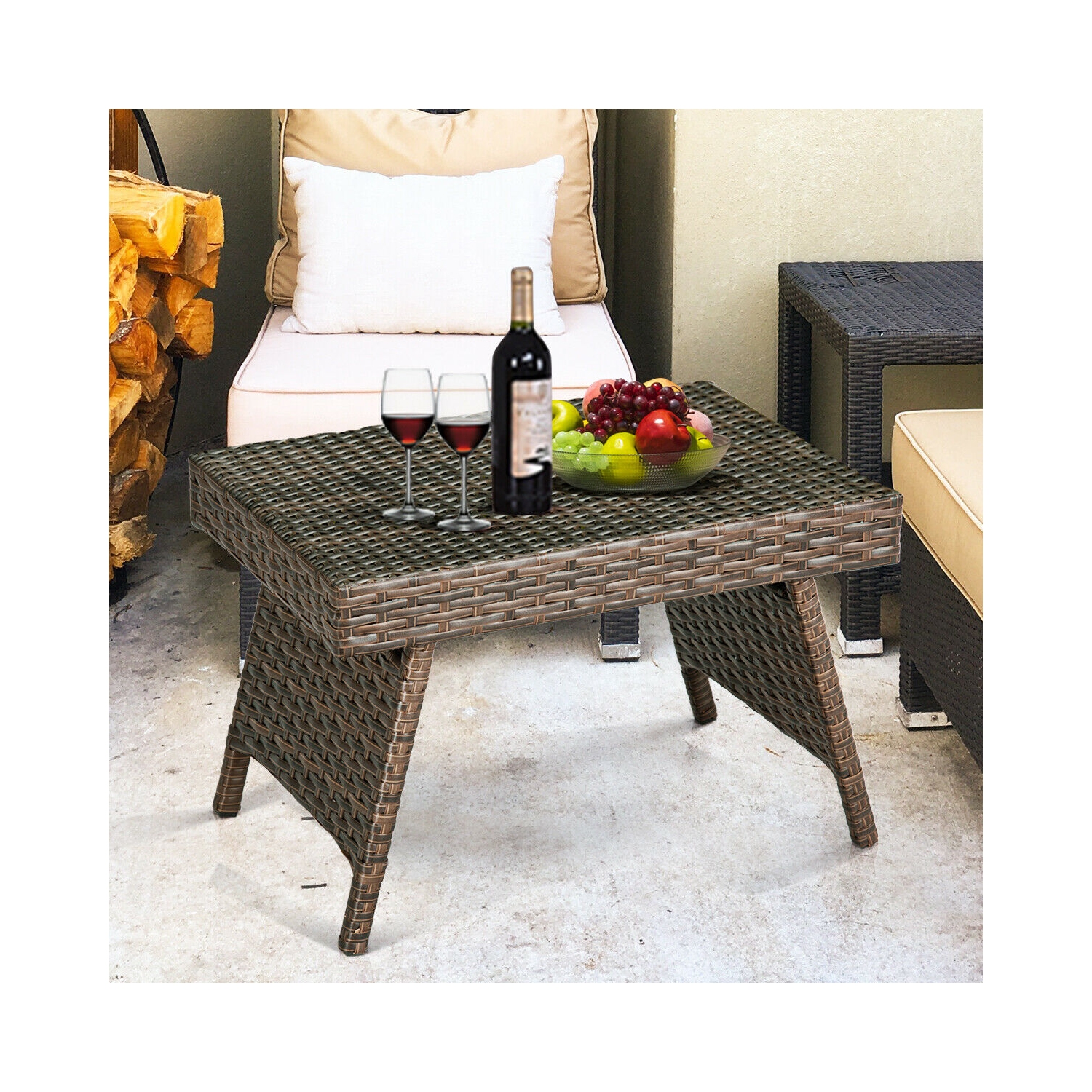 Costway Patio Garden Outdoor Folding Rattan Side Coffee Table Mix Brown