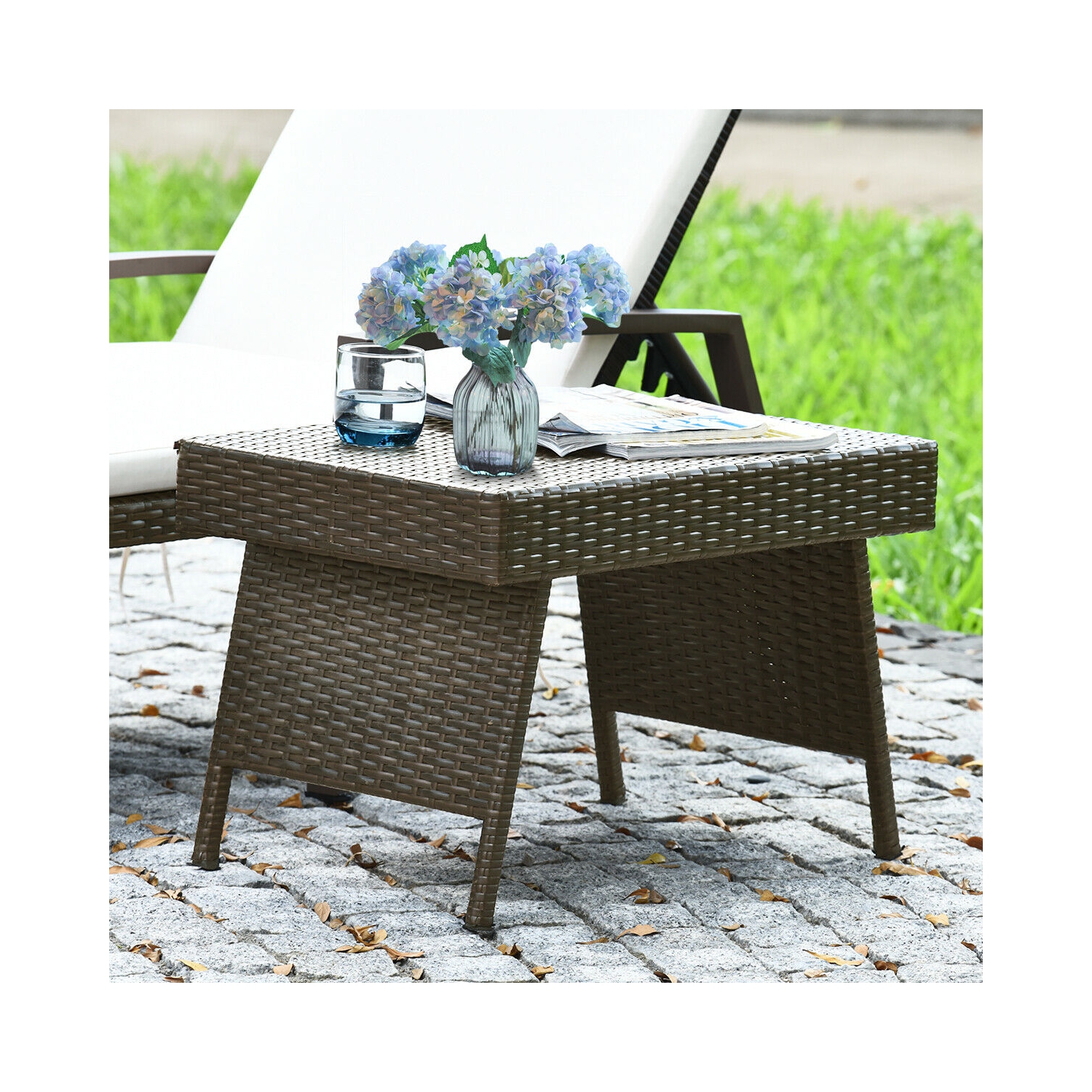 Costway Patio Garden Outdoor Folding Rattan Side Coffee Table Mix Brown