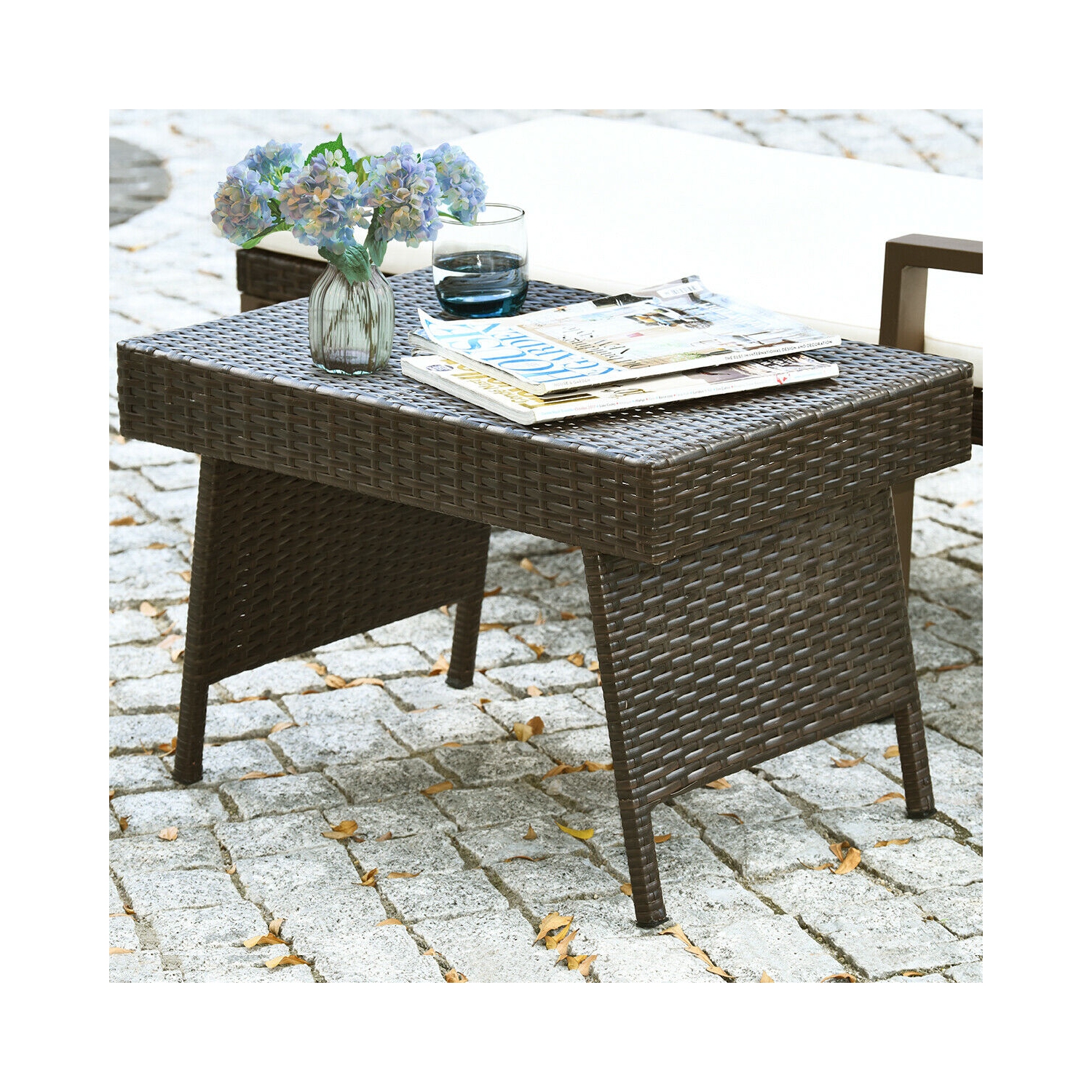 Costway Patio Garden Outdoor Folding Rattan Side Coffee Table Mix Brown