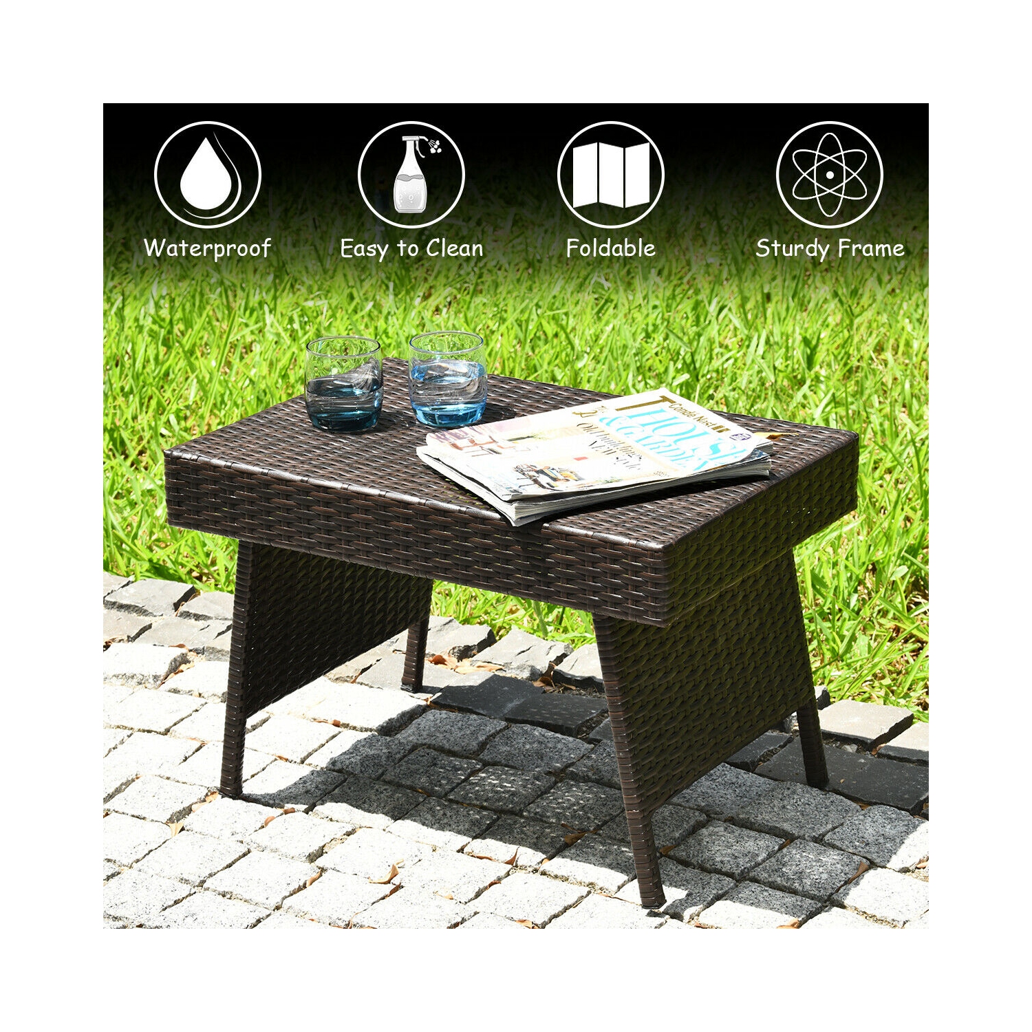 Costway Patio Garden Outdoor Folding Rattan Side Coffee Table Mix Brown