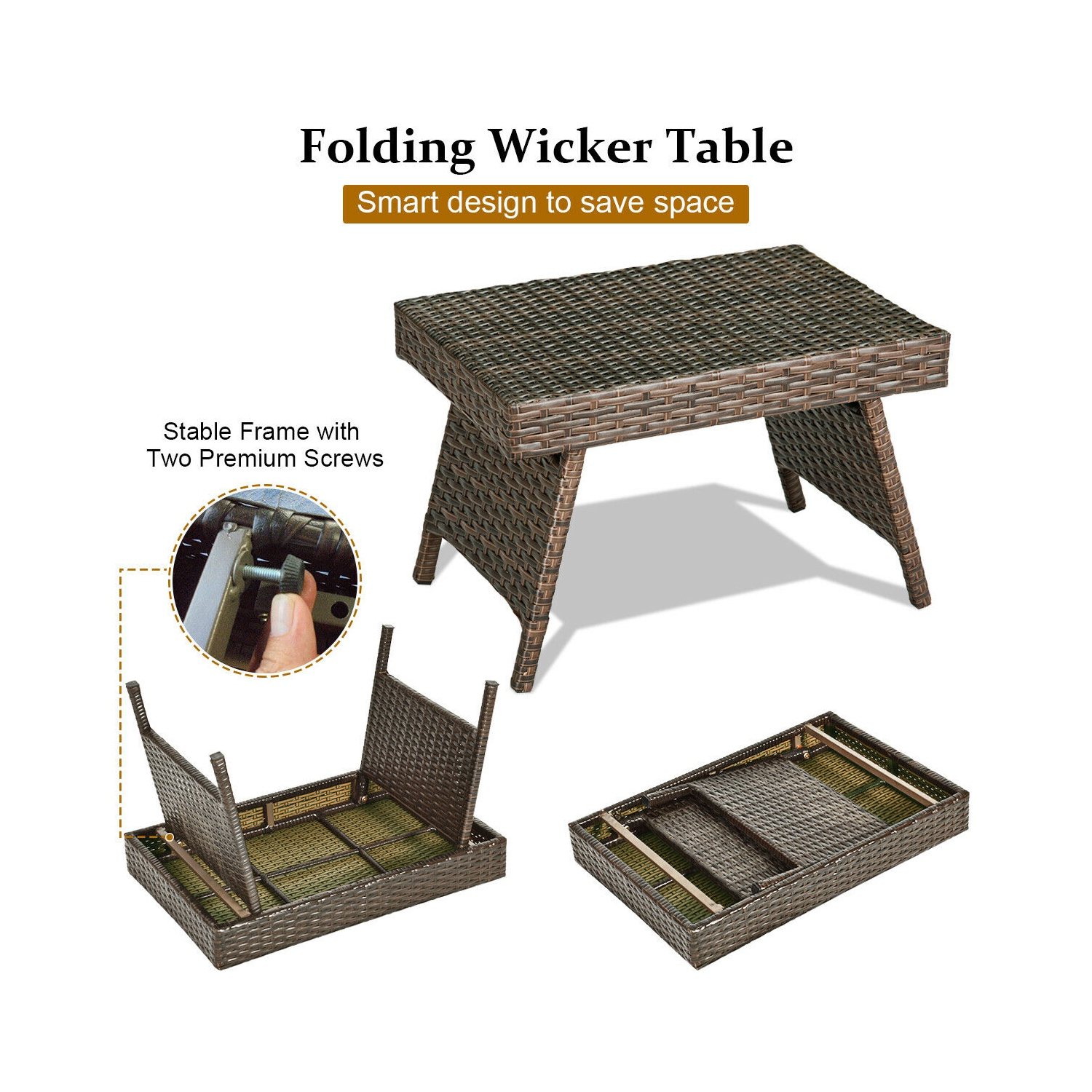 Costway Patio Garden Outdoor Folding Rattan Side Coffee Table Mix Brown