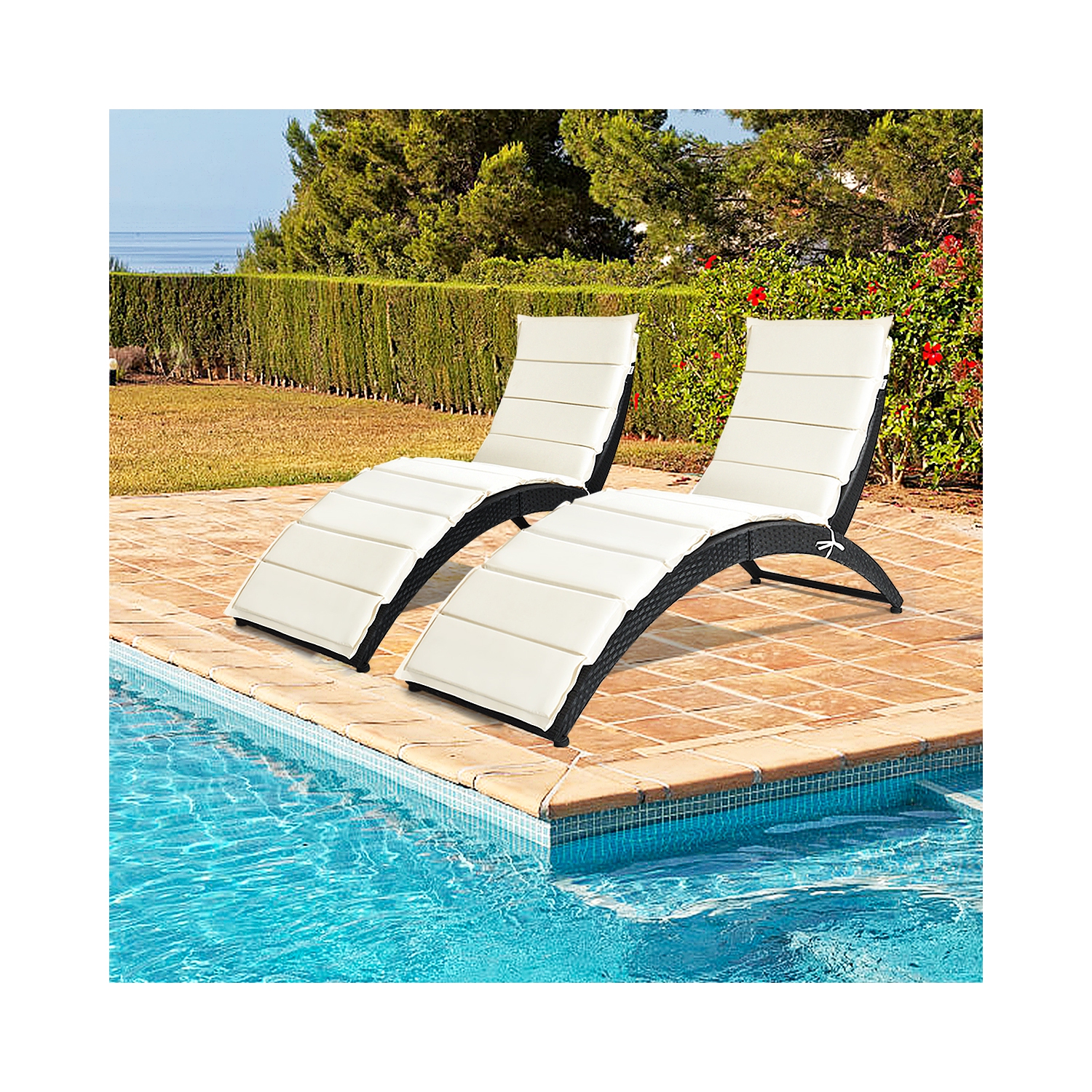 Costway 2PCS Folding Patio Garden Rattan Lounge Chair Cushioned Portable Chaise Black
